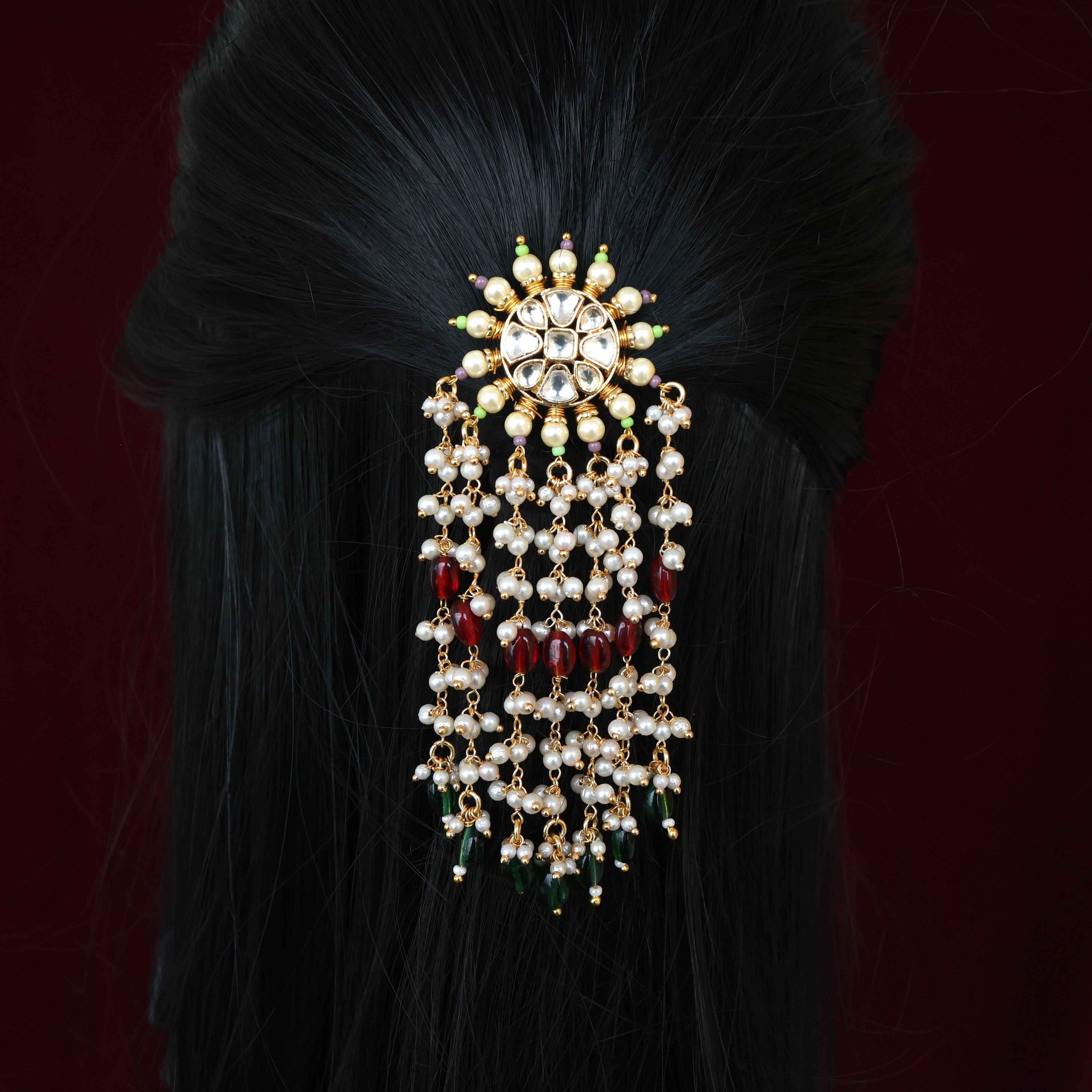 HANDMADE PACHI KUNDAN SINGLE PIECE BRIDAL HAIR CHOTI - SURYA CHAKRA (GREEN & RED BEADS)