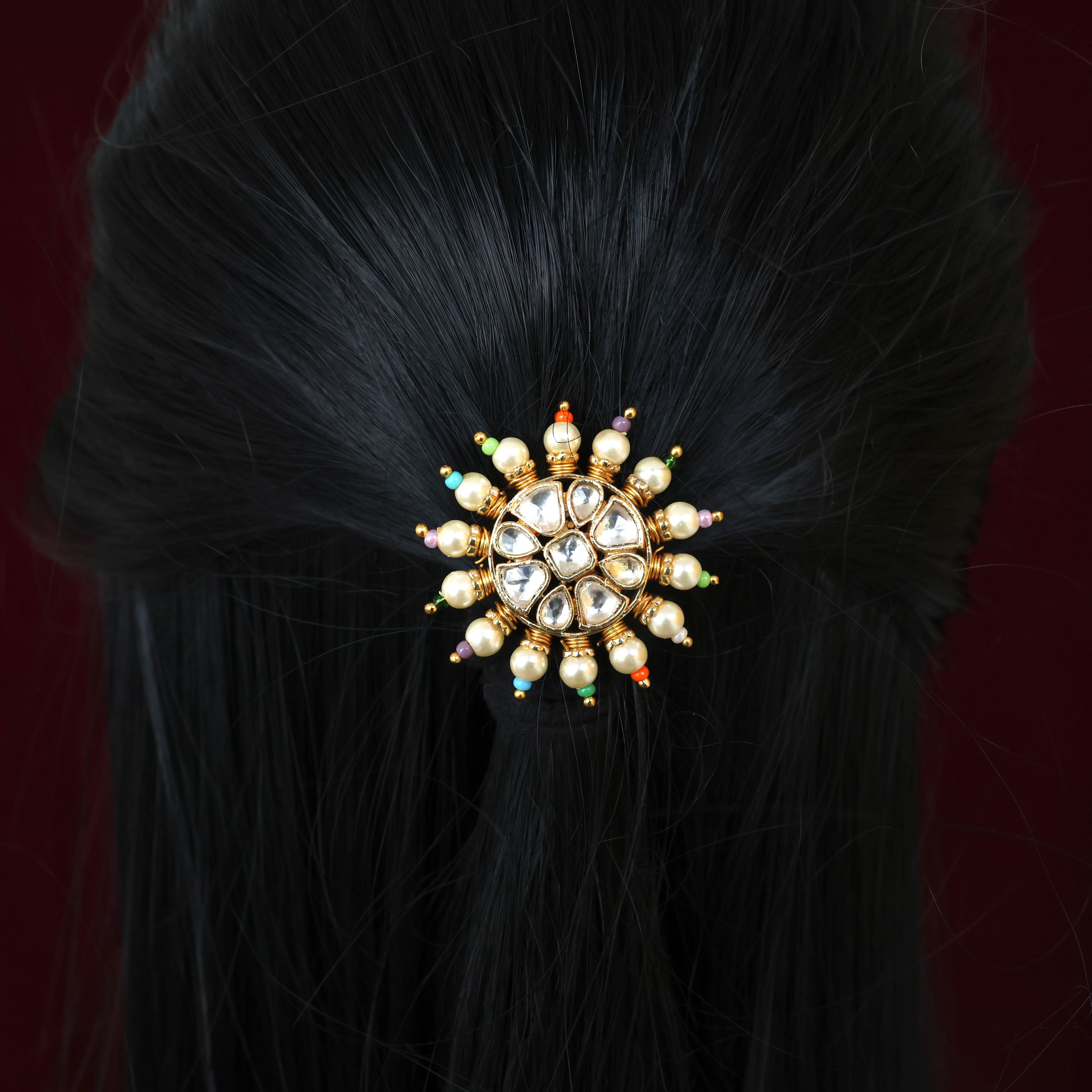HANDMADE PACHI KUNDAN SINGLE PIECE BRIDAL HAIR CHOTI - BLOOMED FLOWER