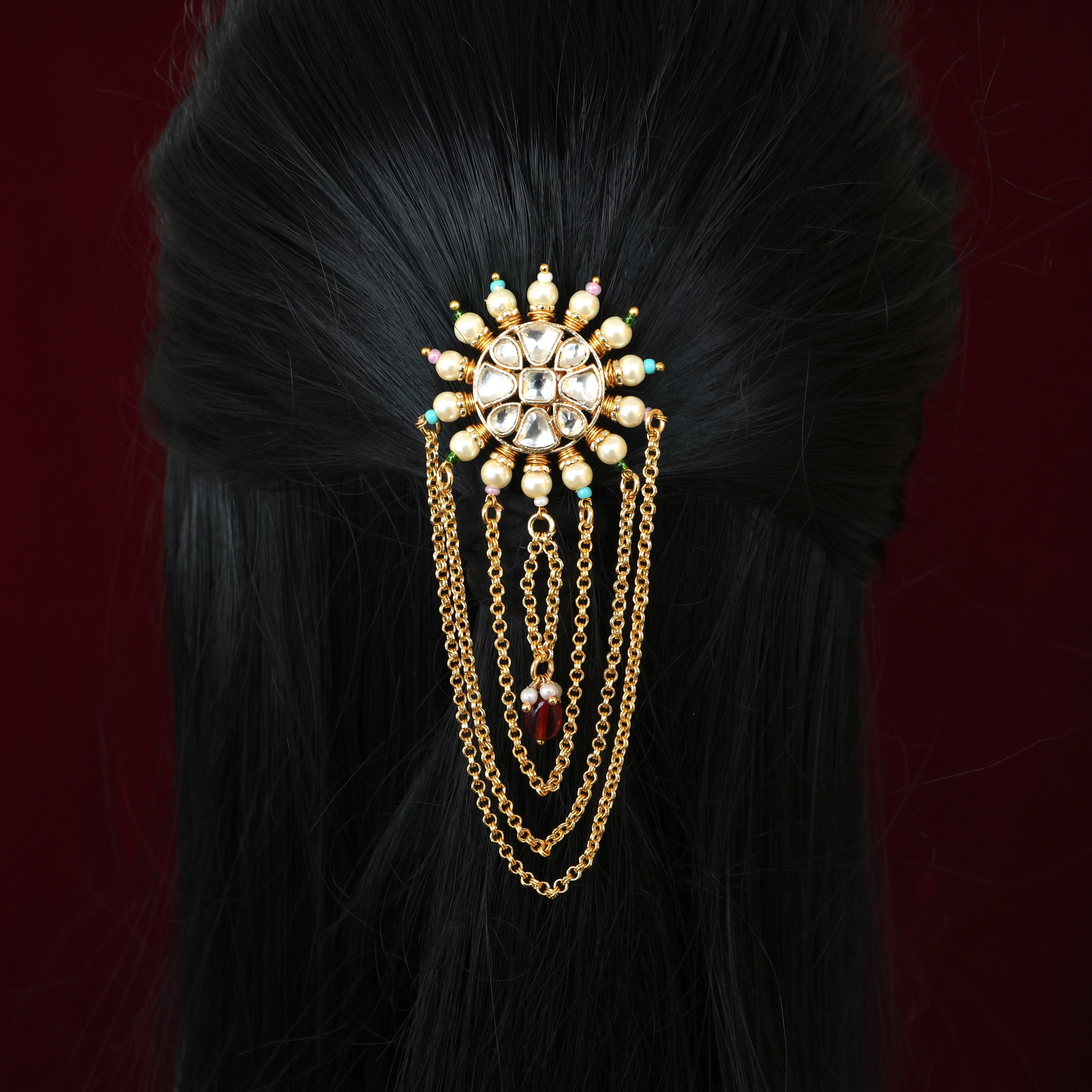 HANDMADE PACHI KUNDAN SINGLE PIECE BRIDAL HAIR CHOTI - 4 LAYERED CHAINS