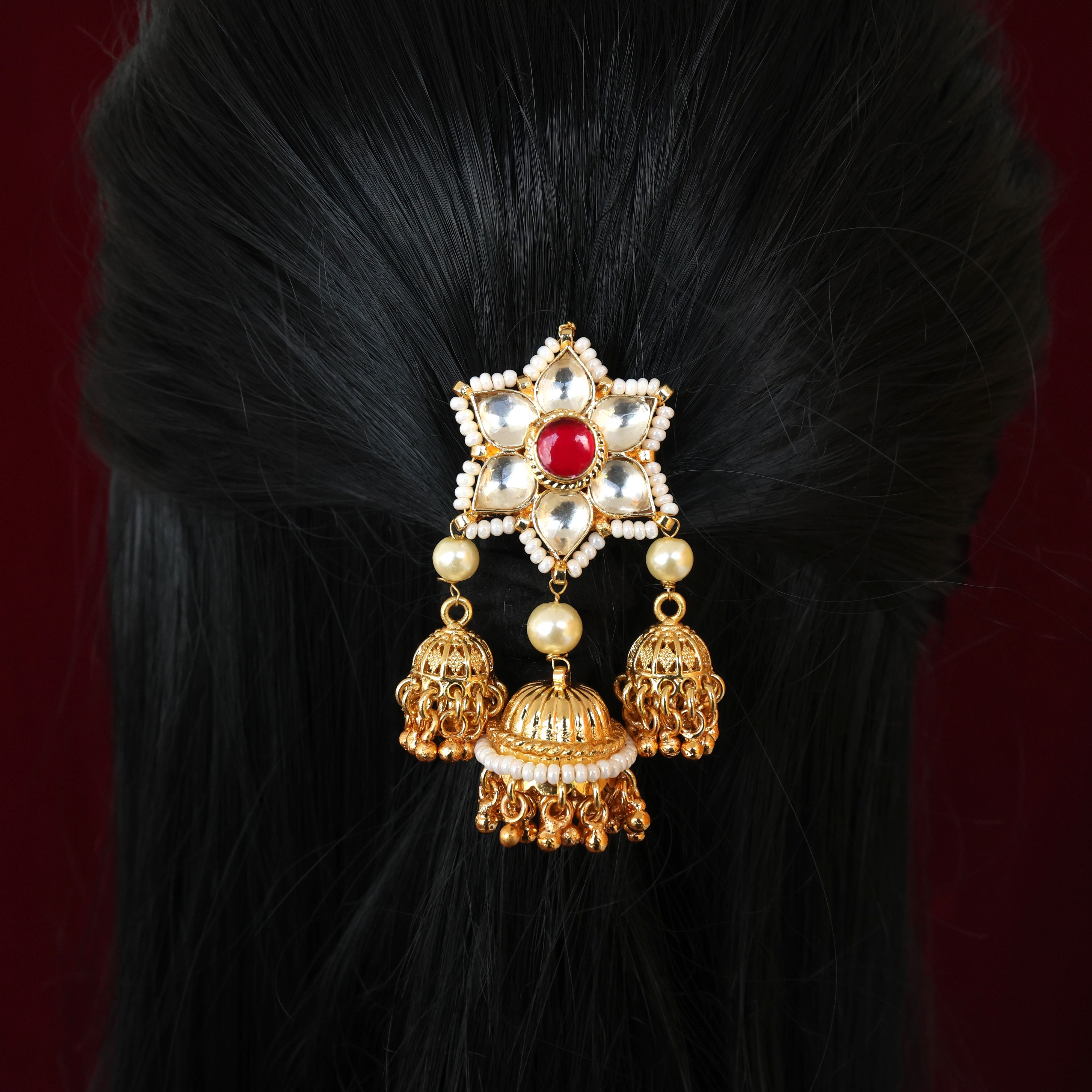 HANDMADE PACHI KUNDAN SINGLE PIECE BRIDAL HAIR CHOTI - FLOWER HANGING JHUMKAS