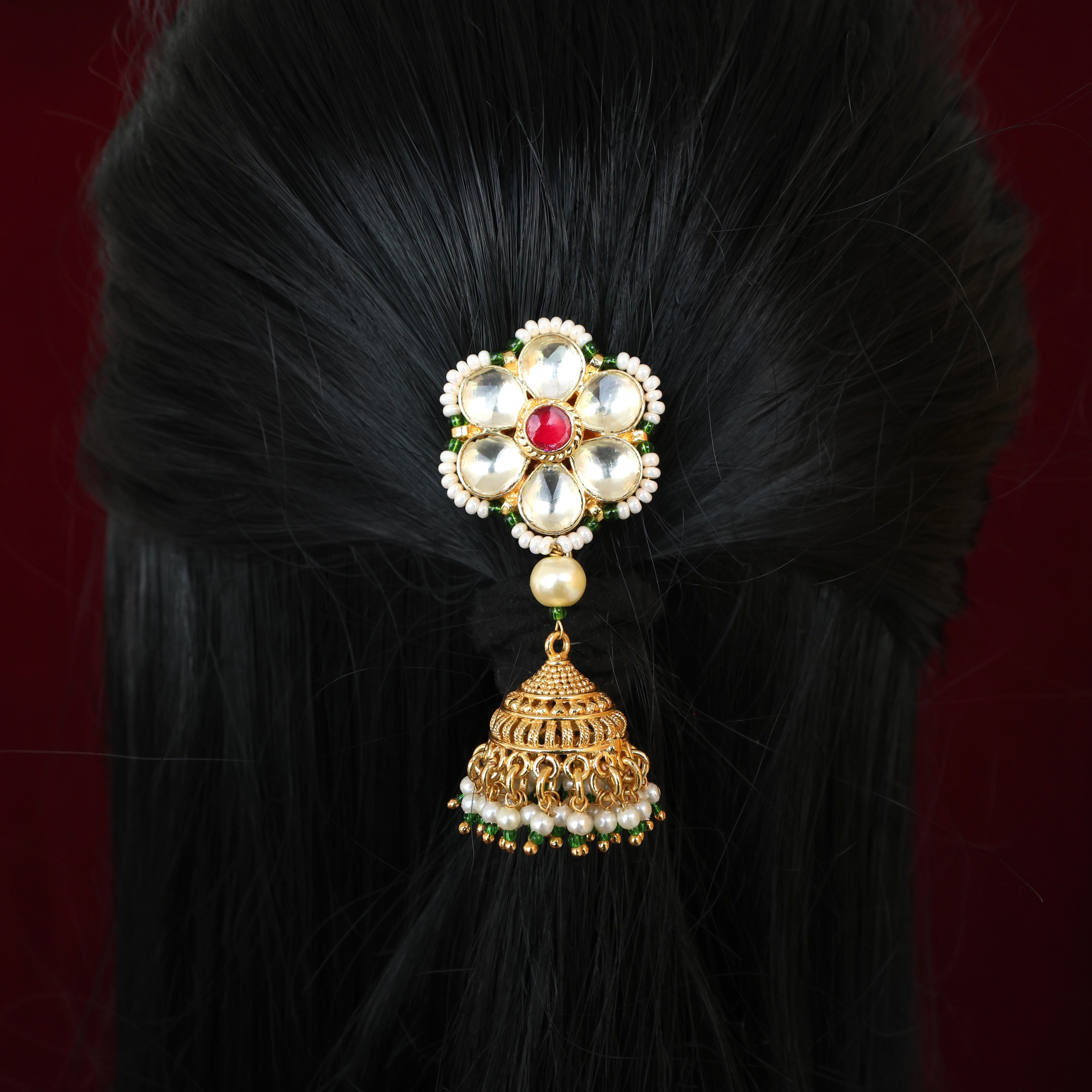 HANDMADE PACHI KUNDAN SINGLE PIECE BRIDAL HAIR CHOTI - FLOWER JHUMKA