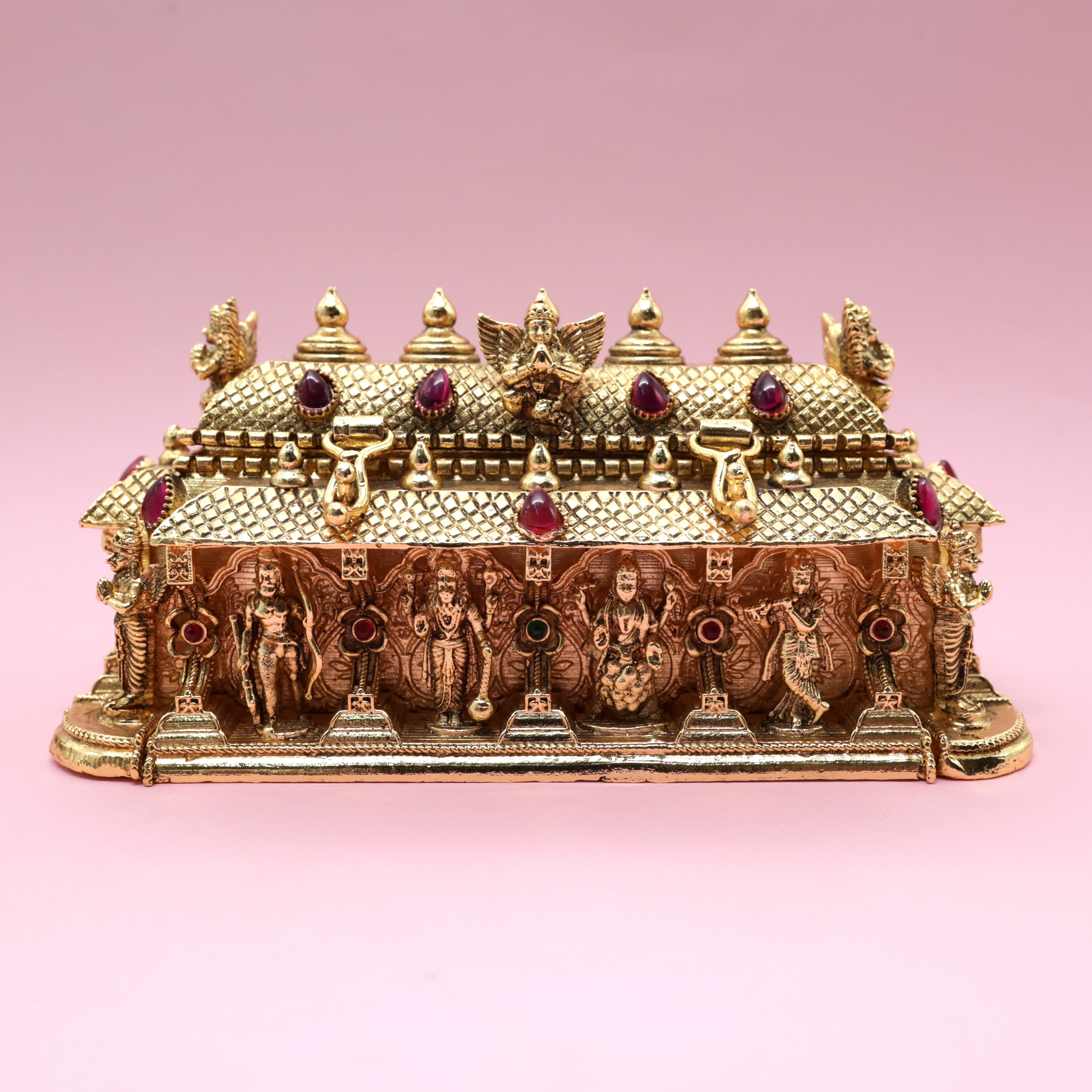 Antique Gold Kemp Dasavatharam Temple Haldi/Kumkum Box - Sindoor Dabbi