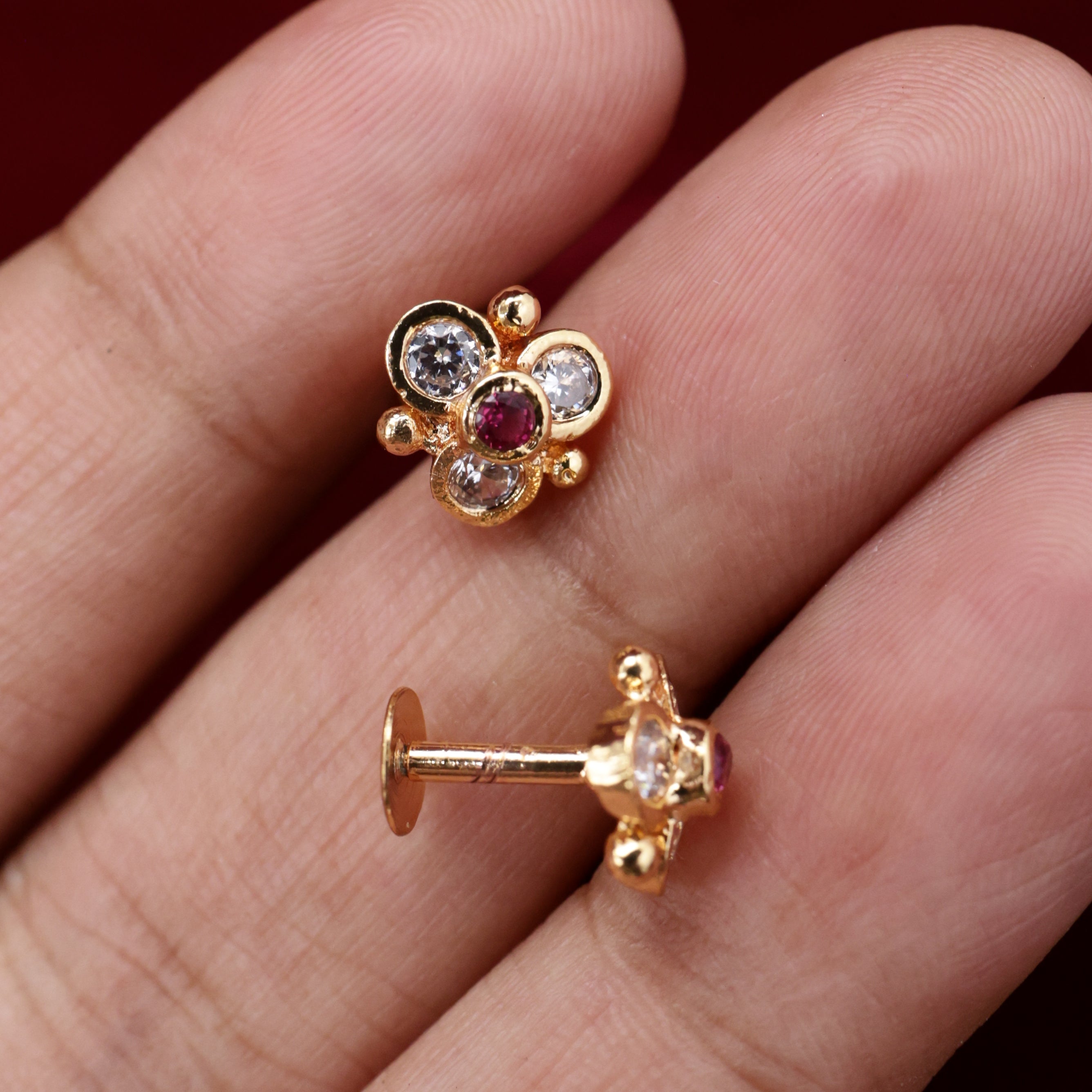 Small 4 Stone Petal Micro Gold Polished Studs Earrings - White & Ruby