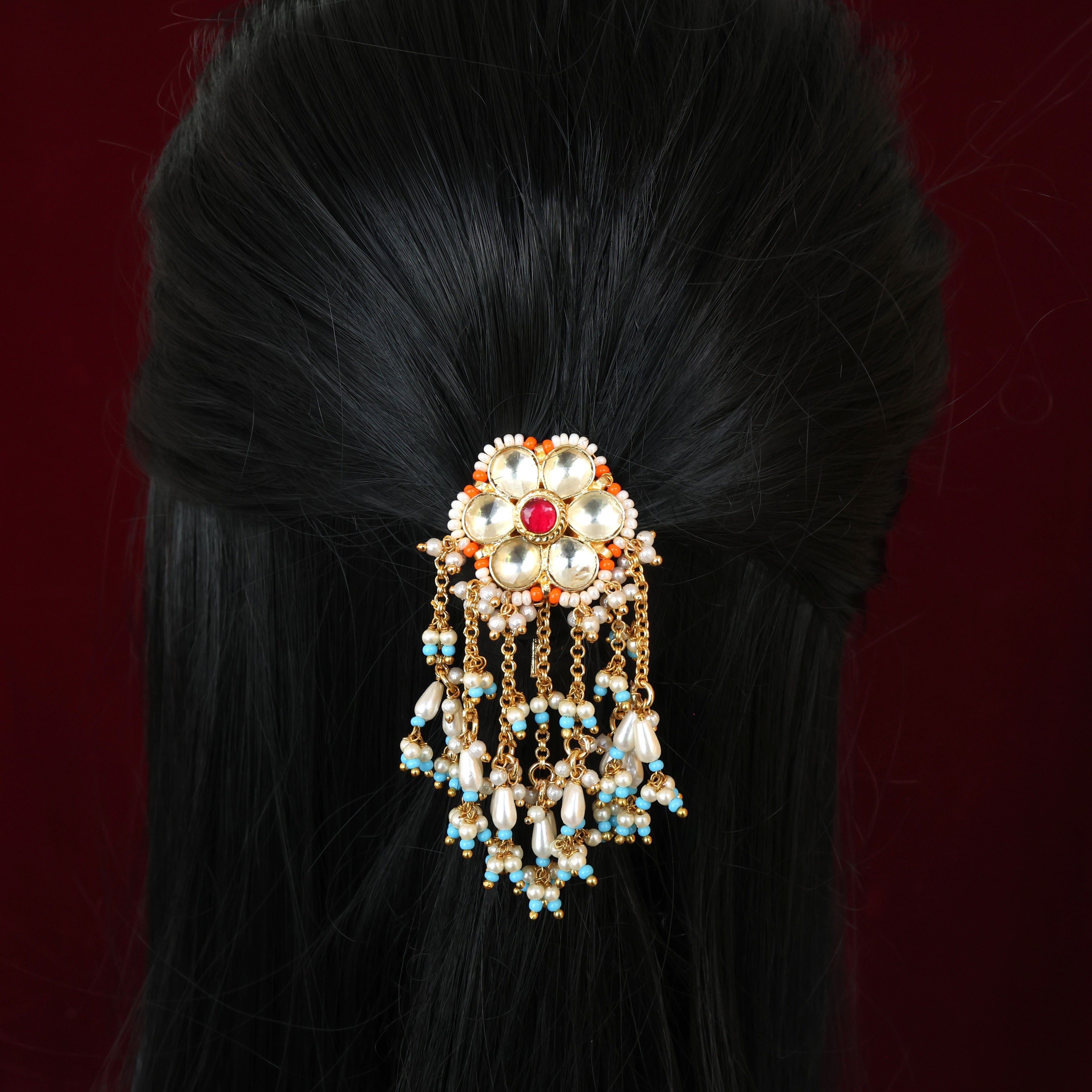 HANDMADE PACHI KUNDAN SINGLE PIECE BRIDAL HAIR CHOTI - FLOWER RICE PEARL DROPS