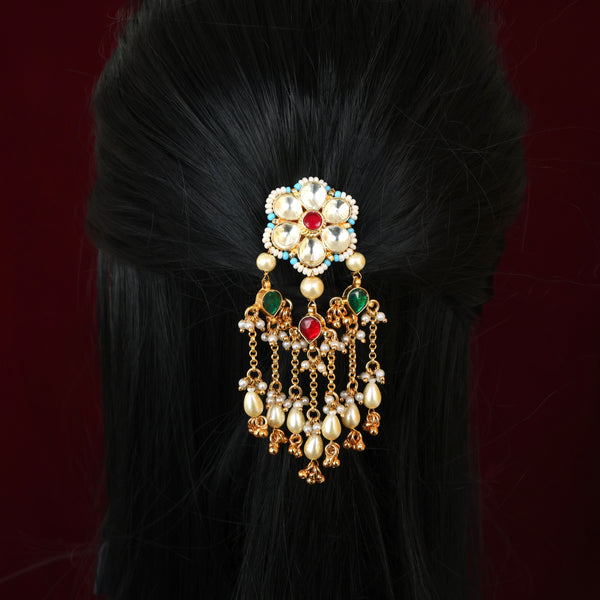 Pachi Kundan Royal Flower Golden Drops Bridal Hair Choti Accessory