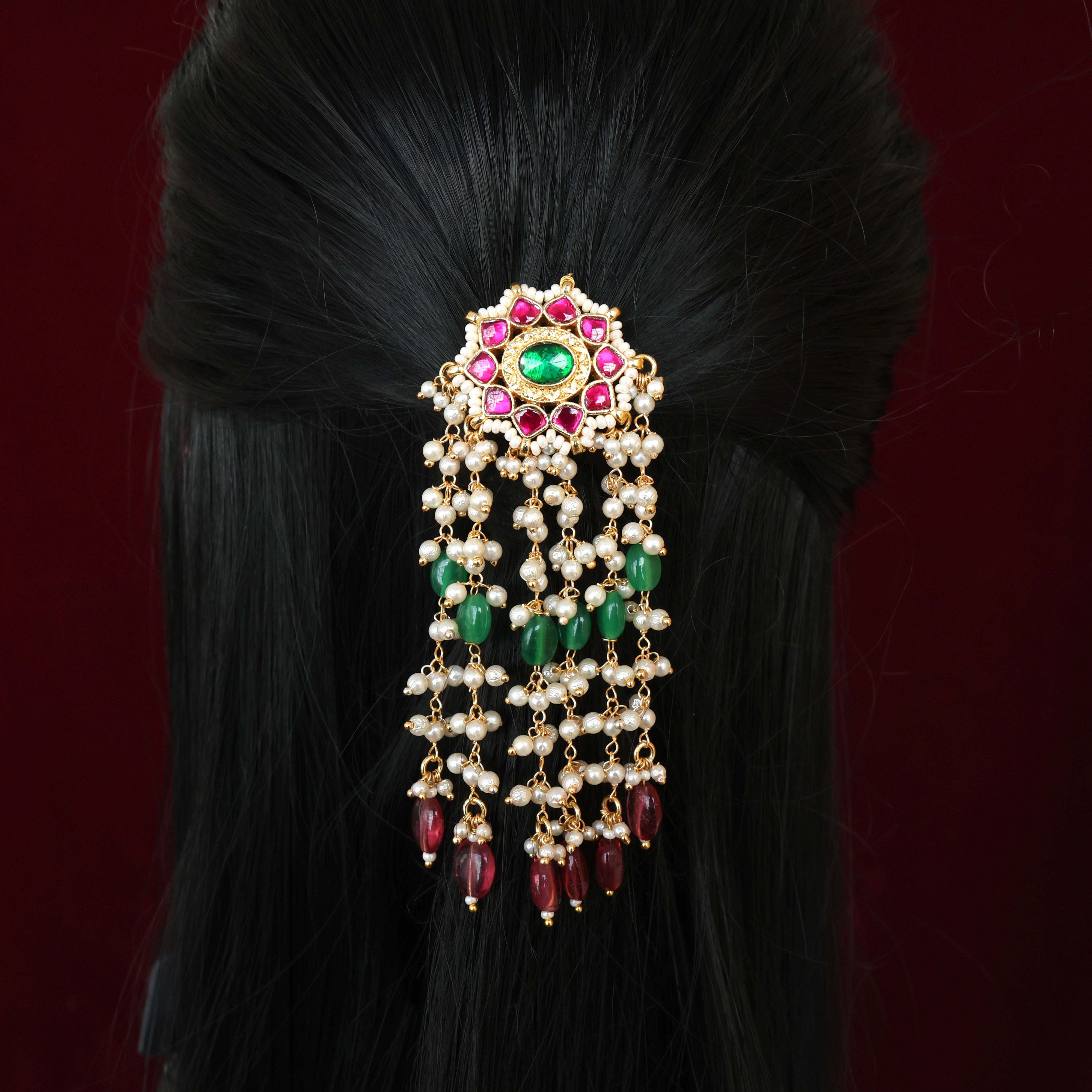 HANDMADE PACHI KUNDAN SINGLE PIECE BRIDAL HAIR CHOTI - STAR CHAKRA DOUBLE LAYER BEAD DROPS RUBY & GREEN)