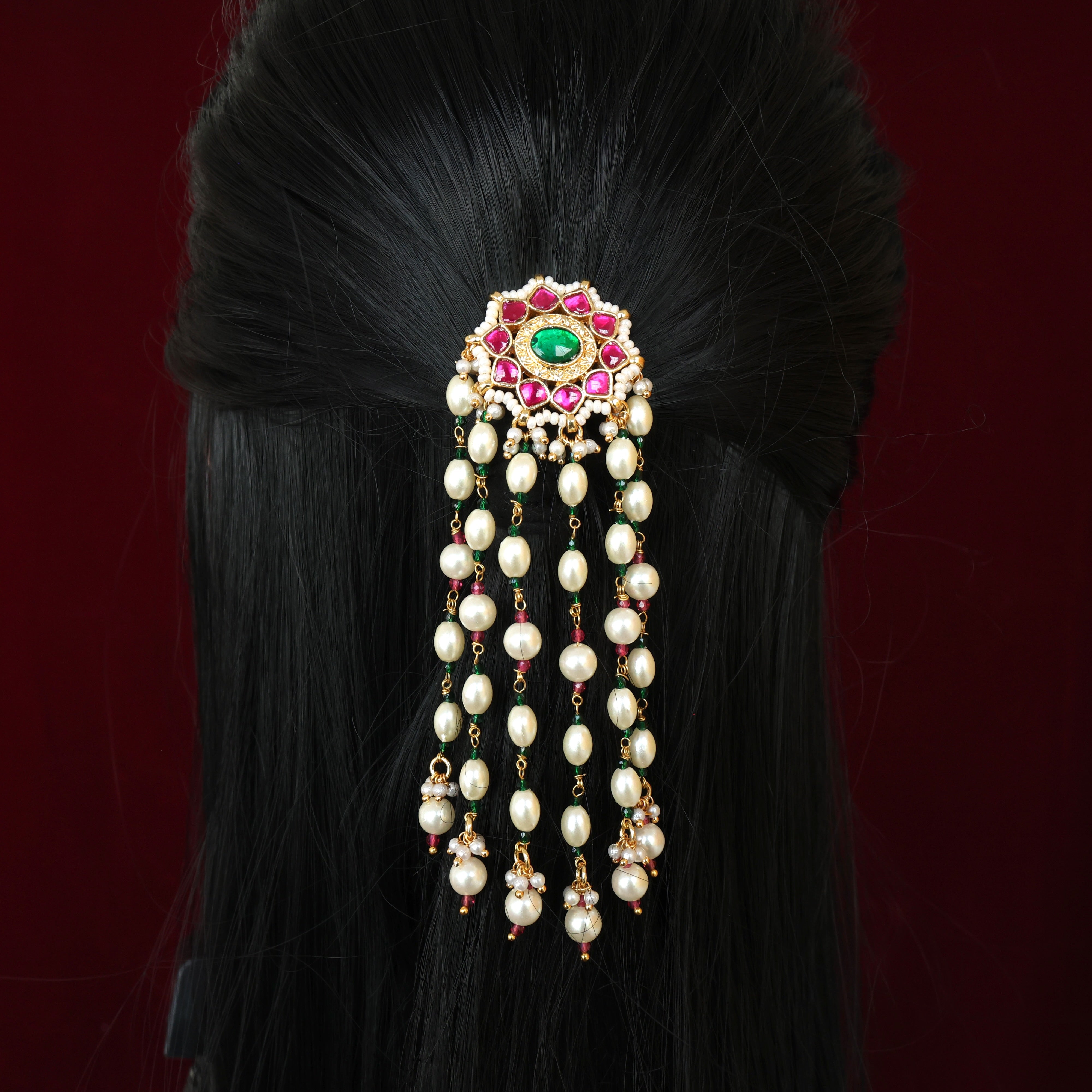 HANDMADE PACHI KUNDAN SINGLE PIECE BRIDAL HAIR CHOTI - STAR CHAKRA RICE PEARL DROPS (RUBY & GREEN)