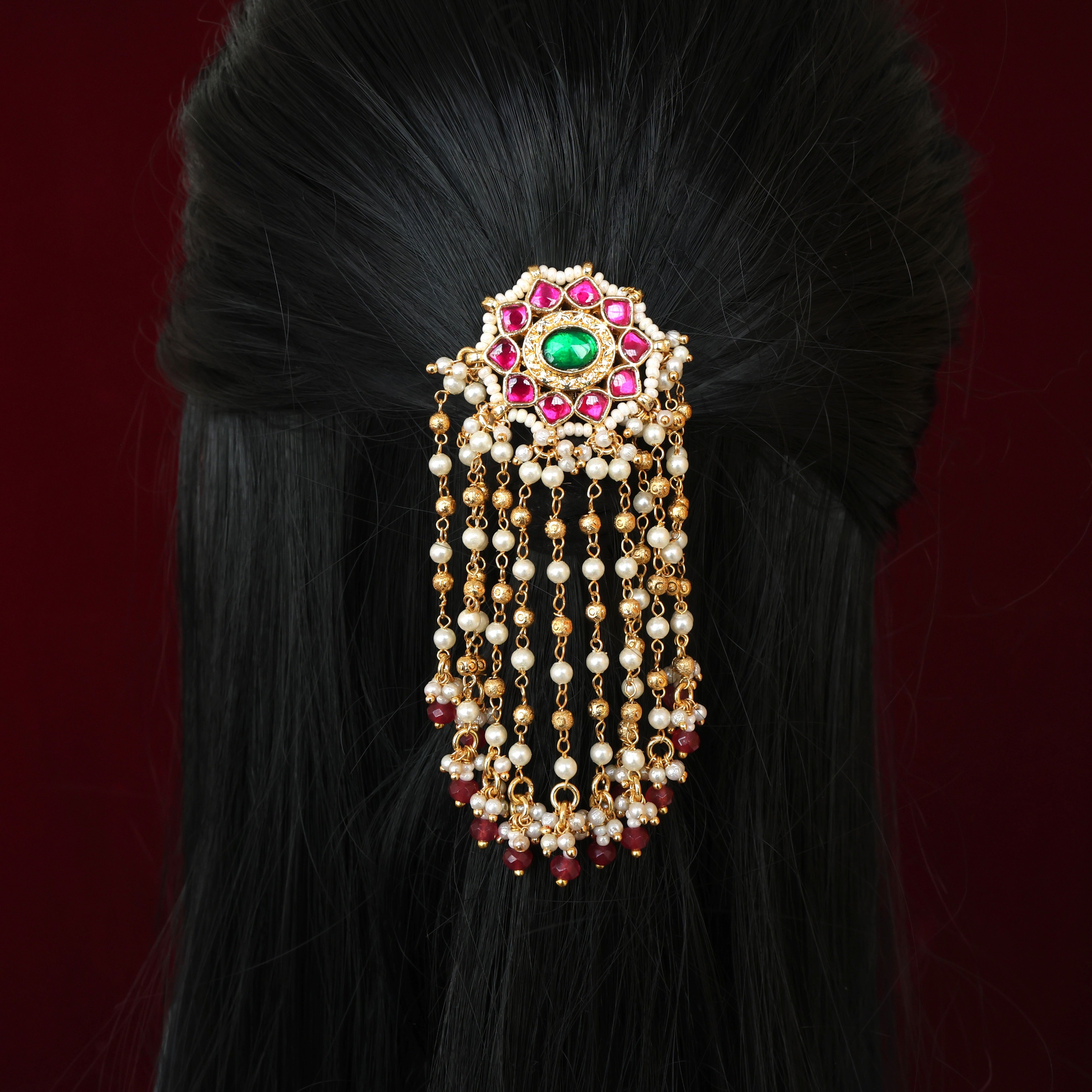 HANDMADE PACHI KUNDAN SINGLE PIECE BRIDAL HAIR CHOTI - STAR CHAKRA AGATE PEARL RAINS (RUBY & GREEN)