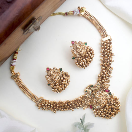 Antique Gold Bunch Beads Lakshmi Necklace Set