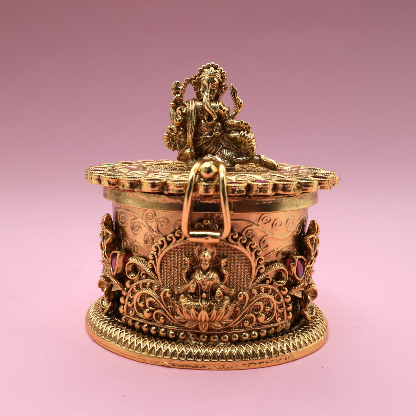 Antique Gold Kemp Ganesha Haldi/Kumkum Box - Sindoor Dabbi