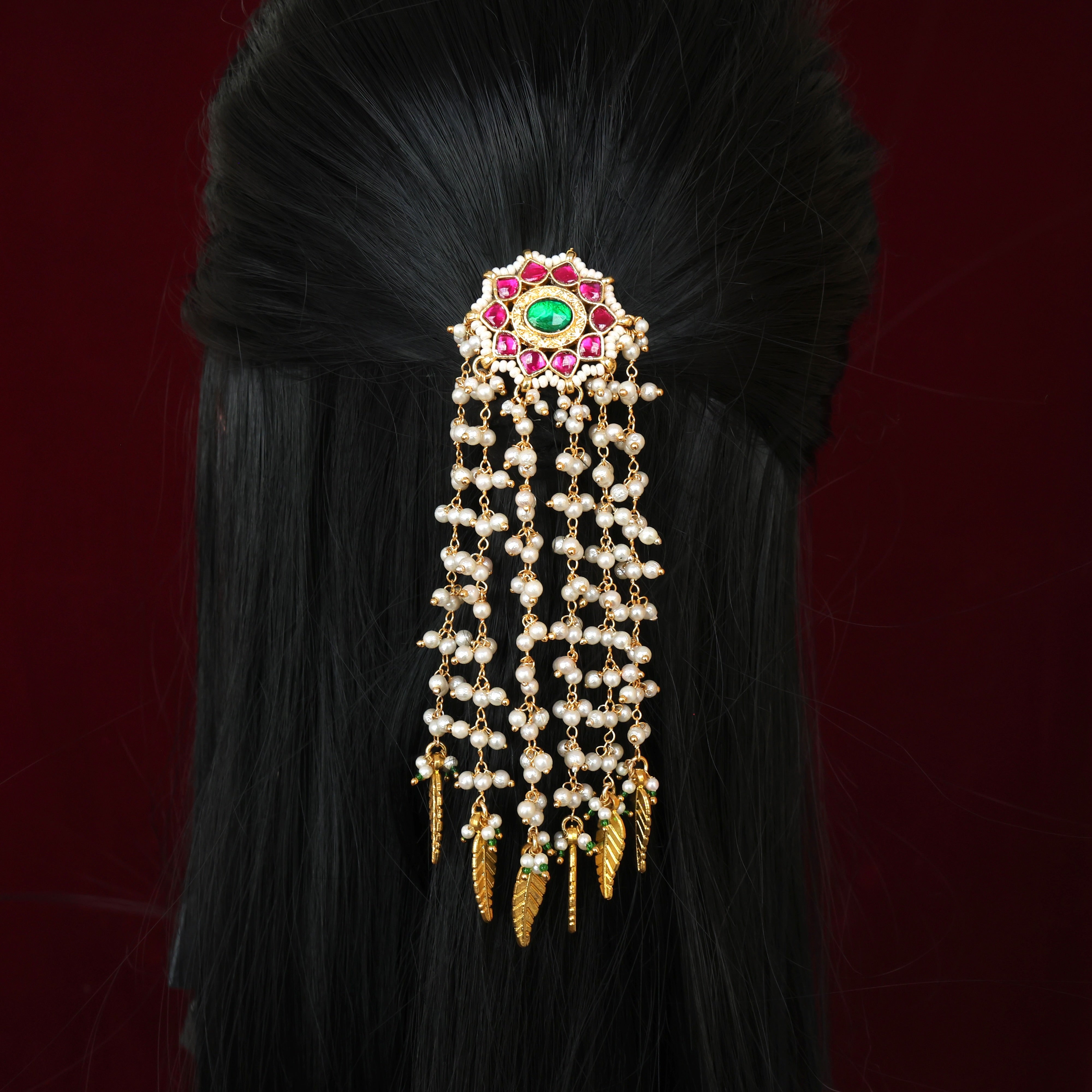 HANDMADE PACHI KUNDAN SINGLE PIECE BRIDAL HAIR CHOTI - STAR CHAKRA LEAF PEARL HANGINGS (RUBY & GREEN)