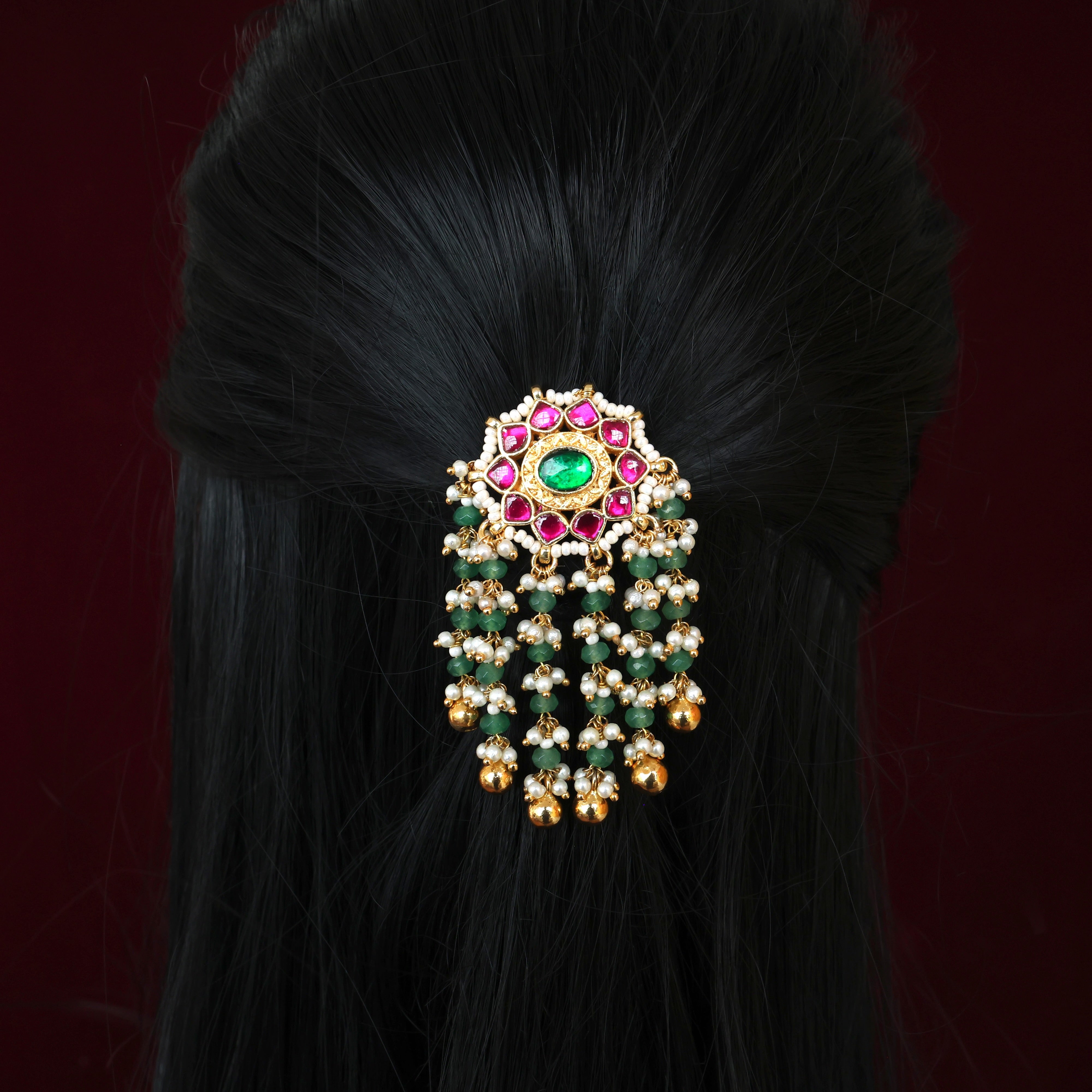 Handmade Pachi Kundan Single Piece Bridal Hair Choti - Star Chakra Agate Drops (Ruby & Green)