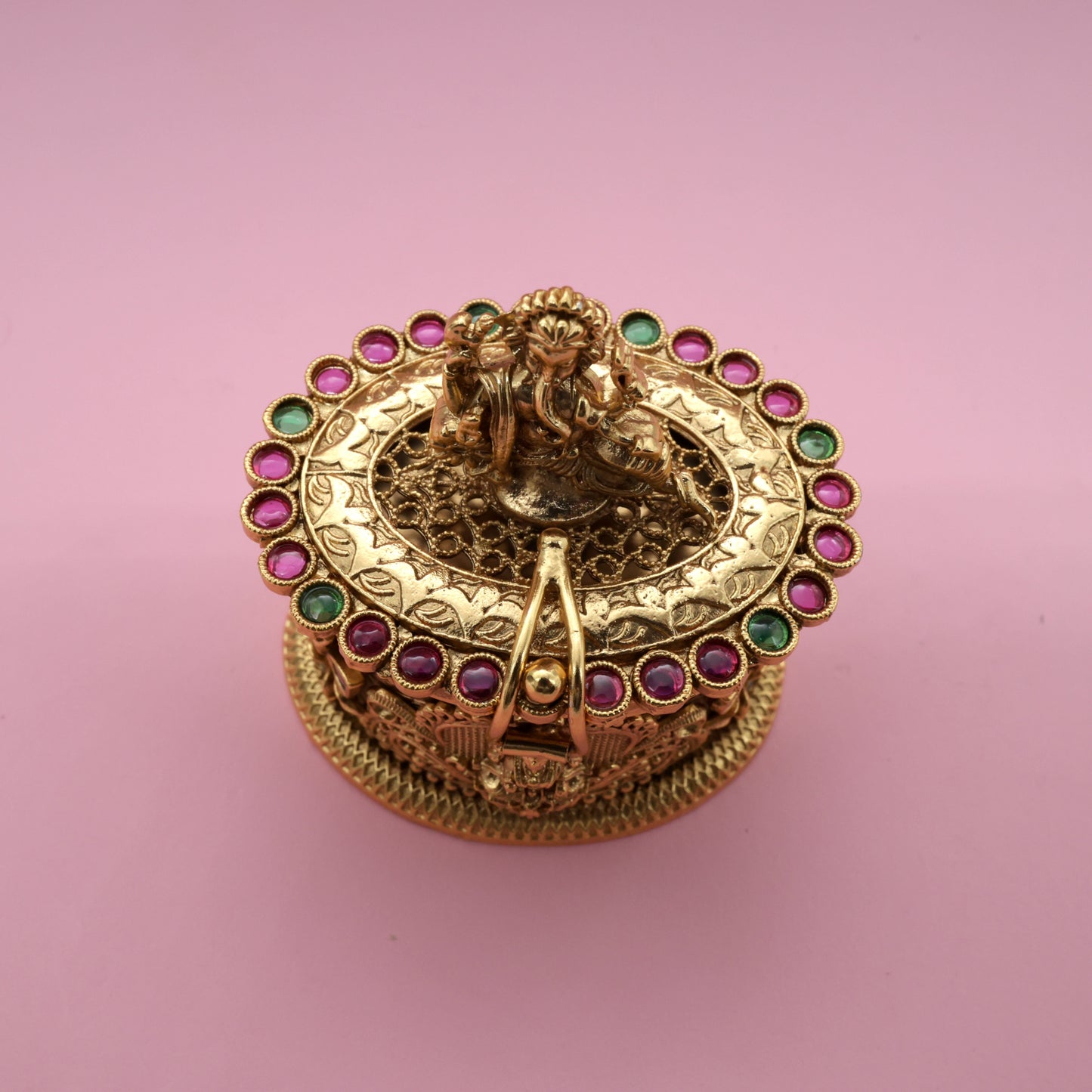 Antique Gold Kemp Ganesha Haldi/Kumkum Box - Sindoor Dabbi