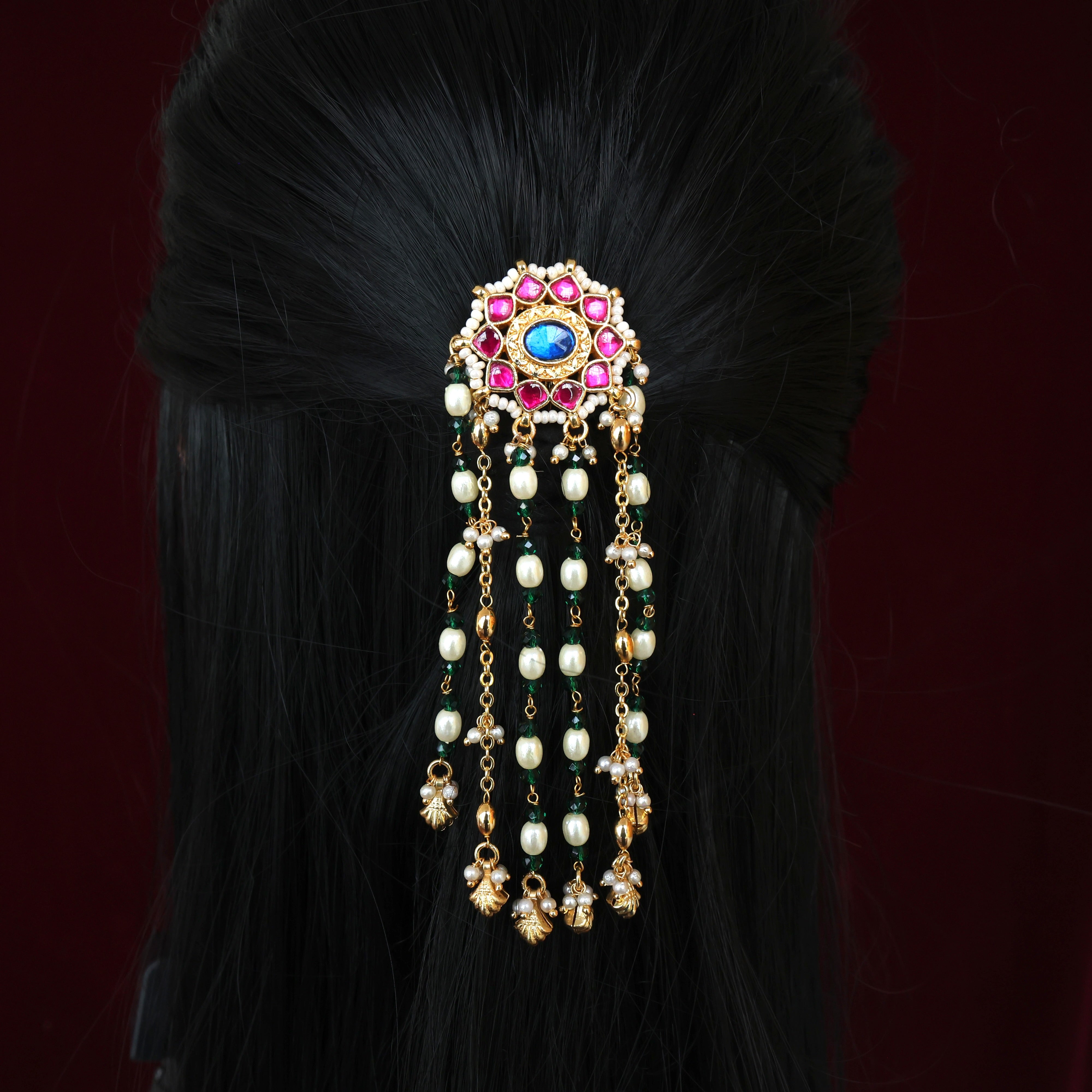 Handmade Pachi Kundan Single Piece Bridal Hair Choti - Star Chakra Rice Pearl Drops (Ruby & Blue)