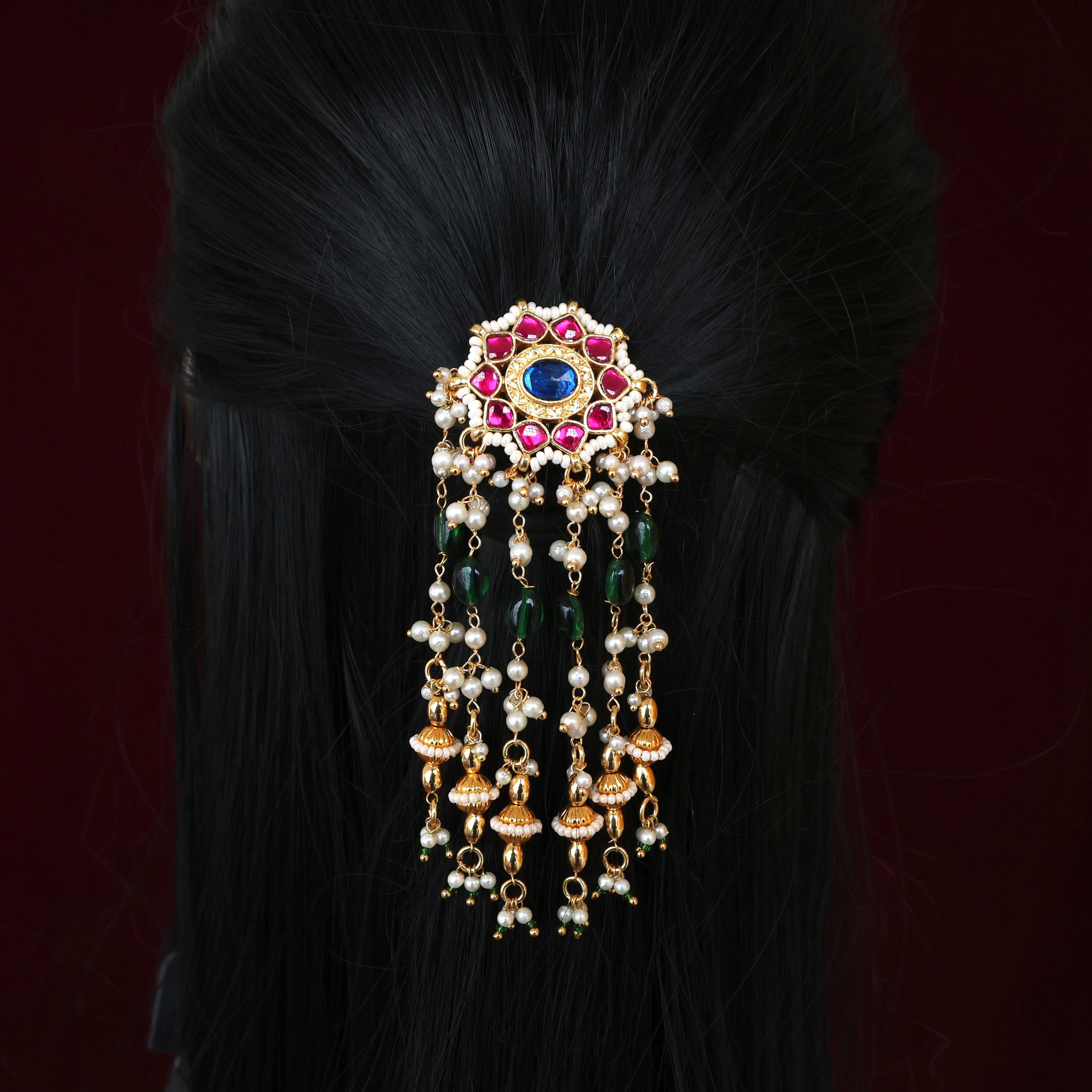 Handmade Pachi Kundan Single Piece Bridal Hair Choti - Star Chakra Gold Shell Beads Pearl Rains (Ruby & Green)