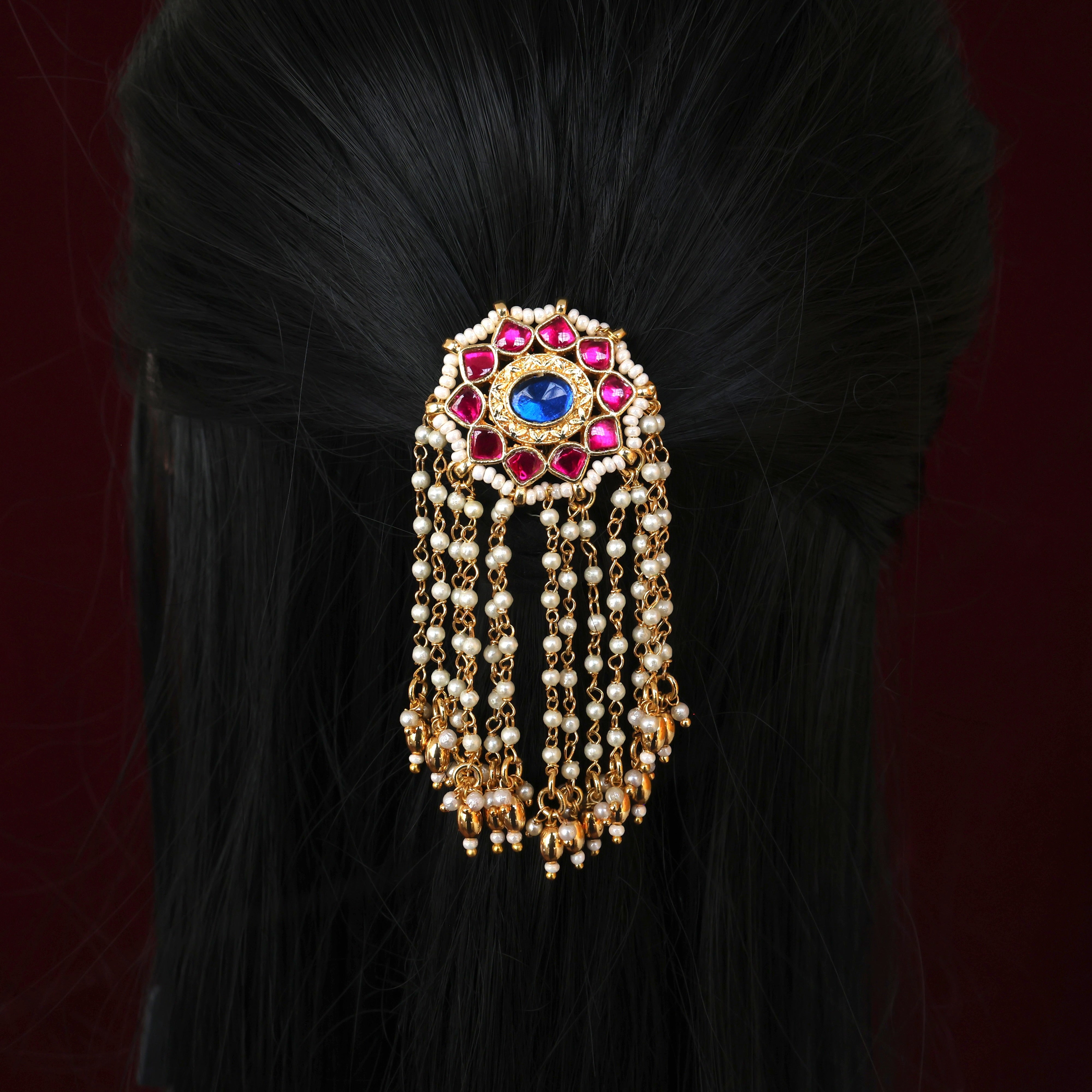 Handmade Pachi Kundan Single Piece Bridal Hair Choti - Star Chakra Gold Cocoon Pearl Rains (Ruby & Blue)