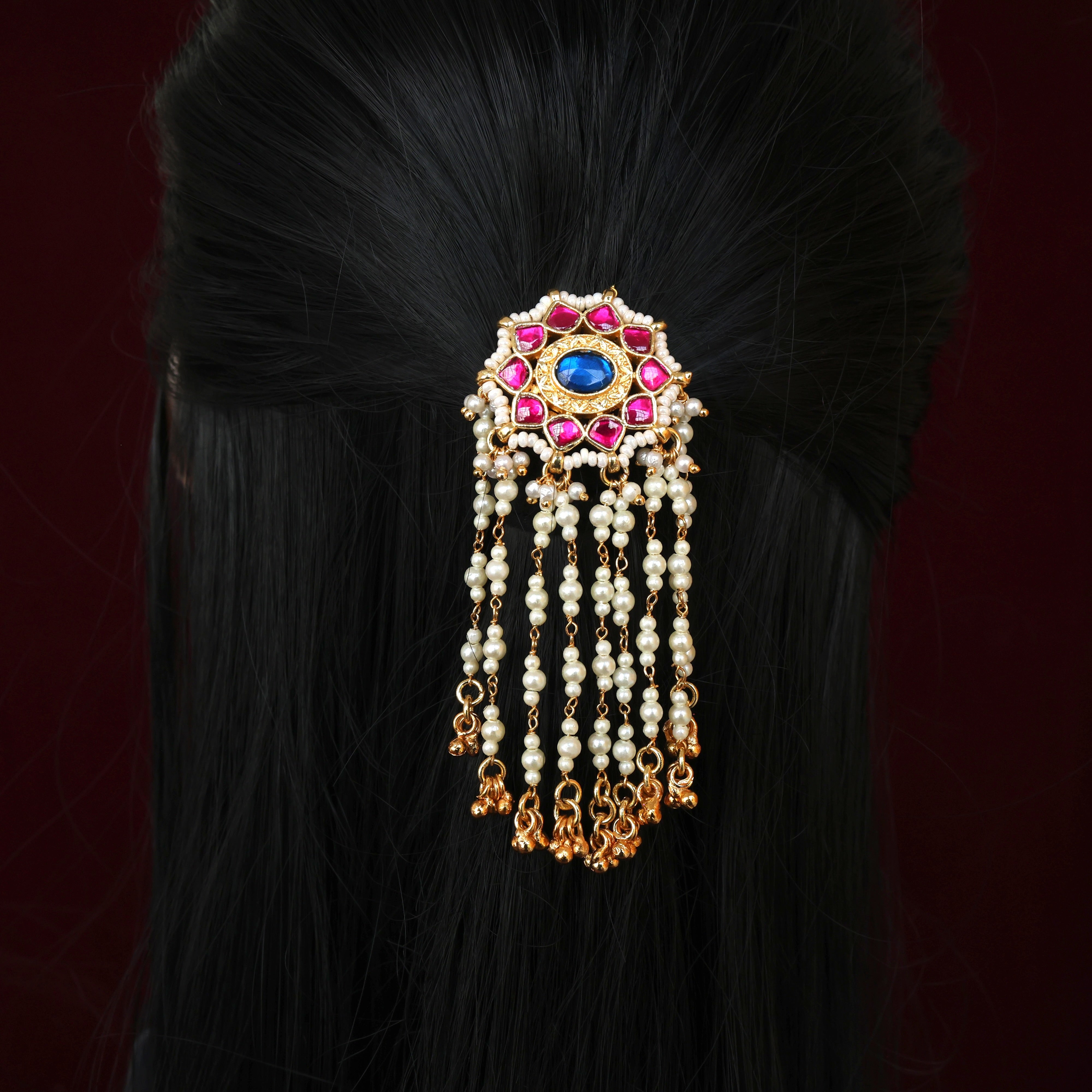 Handmade Pachi Kundan Single Piece Bridal Hair Choti - Star Chakra Pearl Rains (Ruby & Blue)