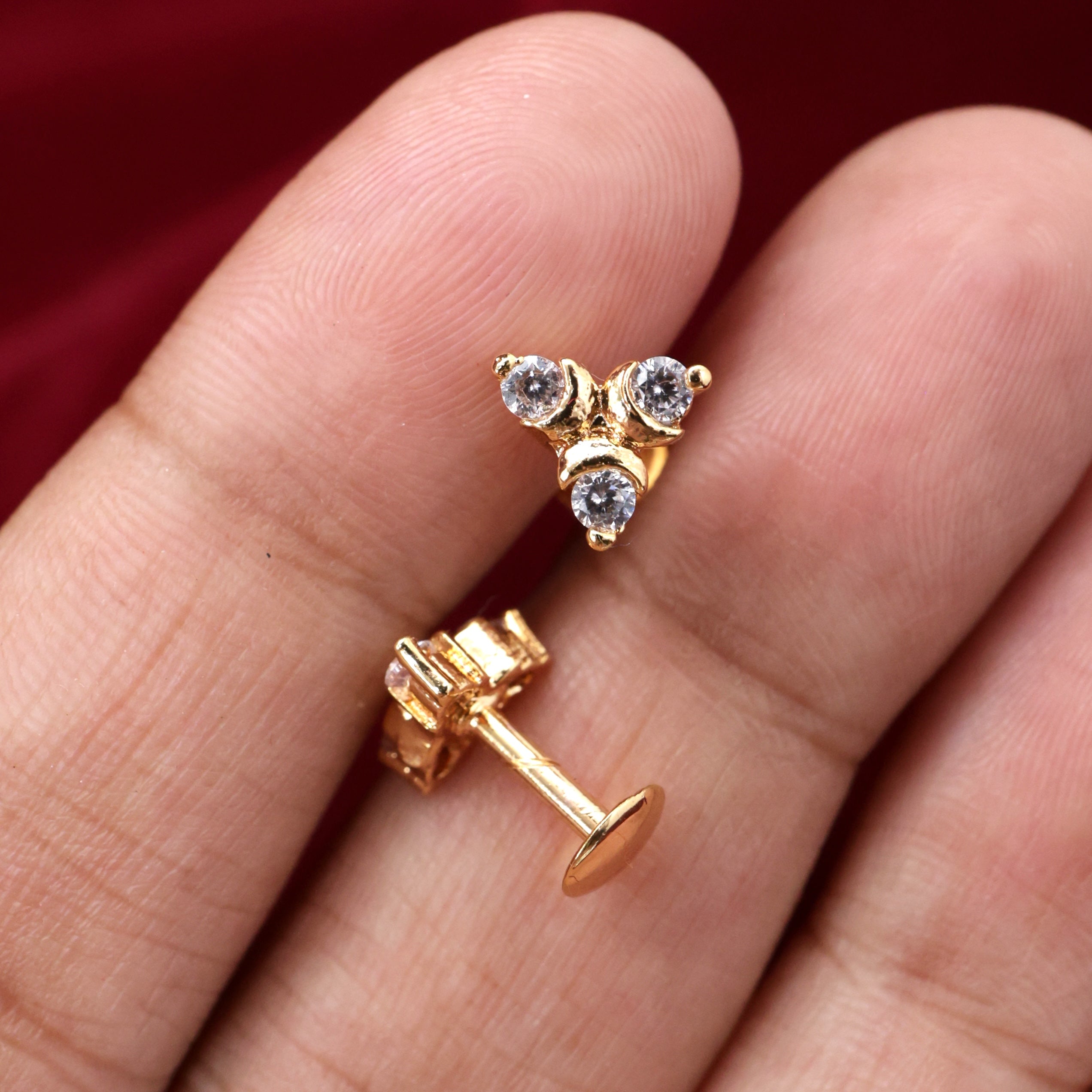Diamond Look 3 Stone Micro Gold Polished Kids/Baby Studs/Earrings