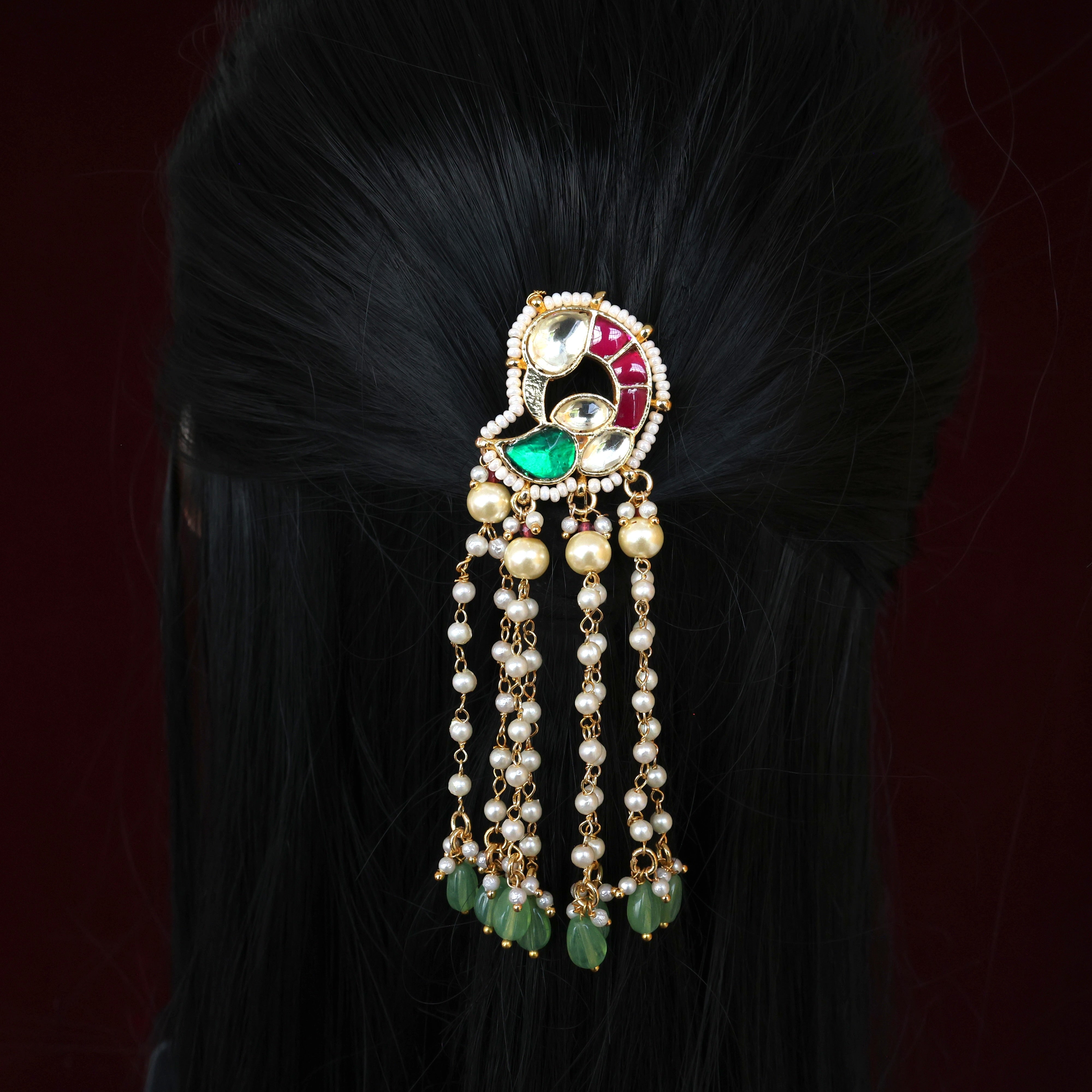 Handmade Pachi Kundan Single Piece Bridal Hair Choti - Mor Pearl Hangings