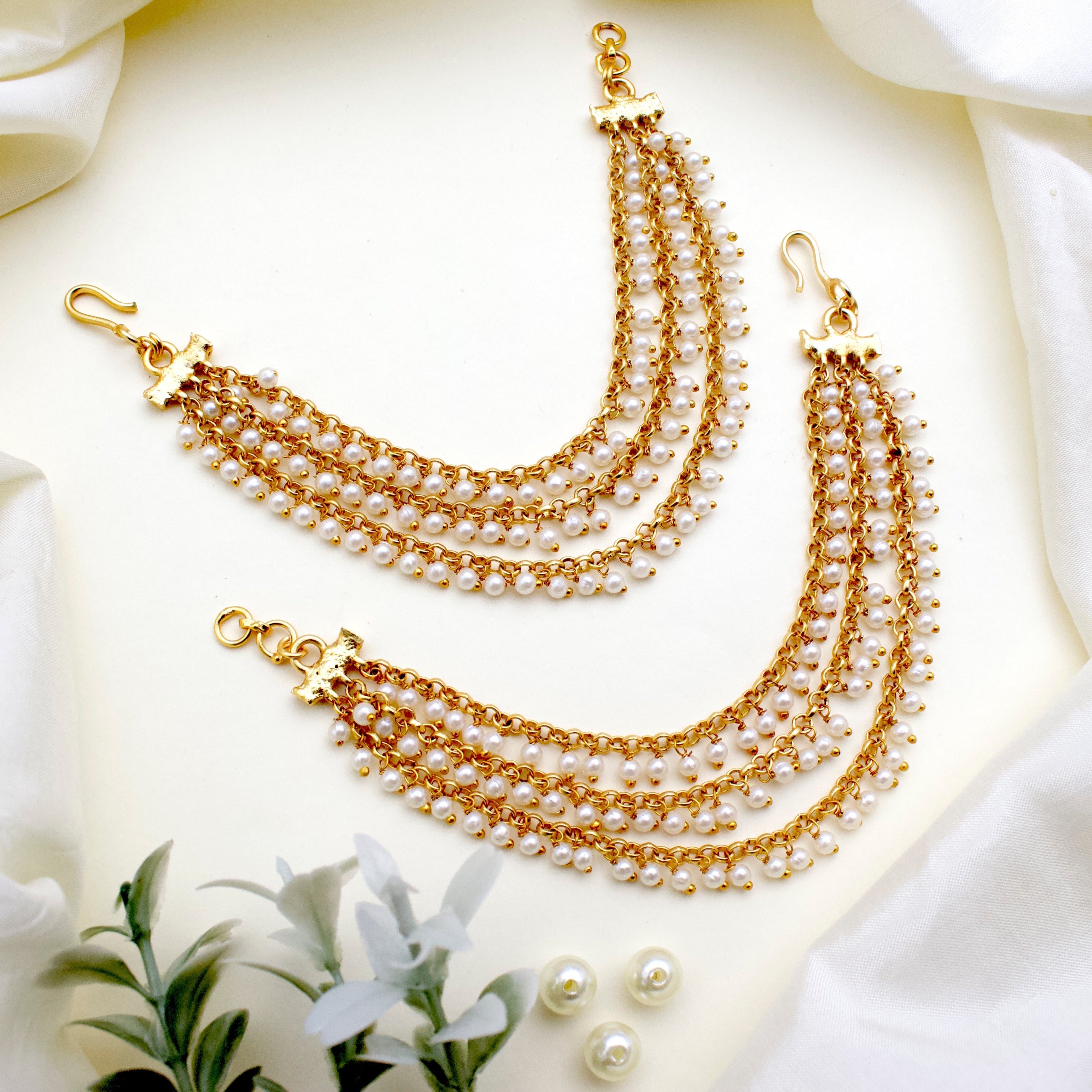 3 Line Pearl Bridal Ear Chain / Kaan Chain