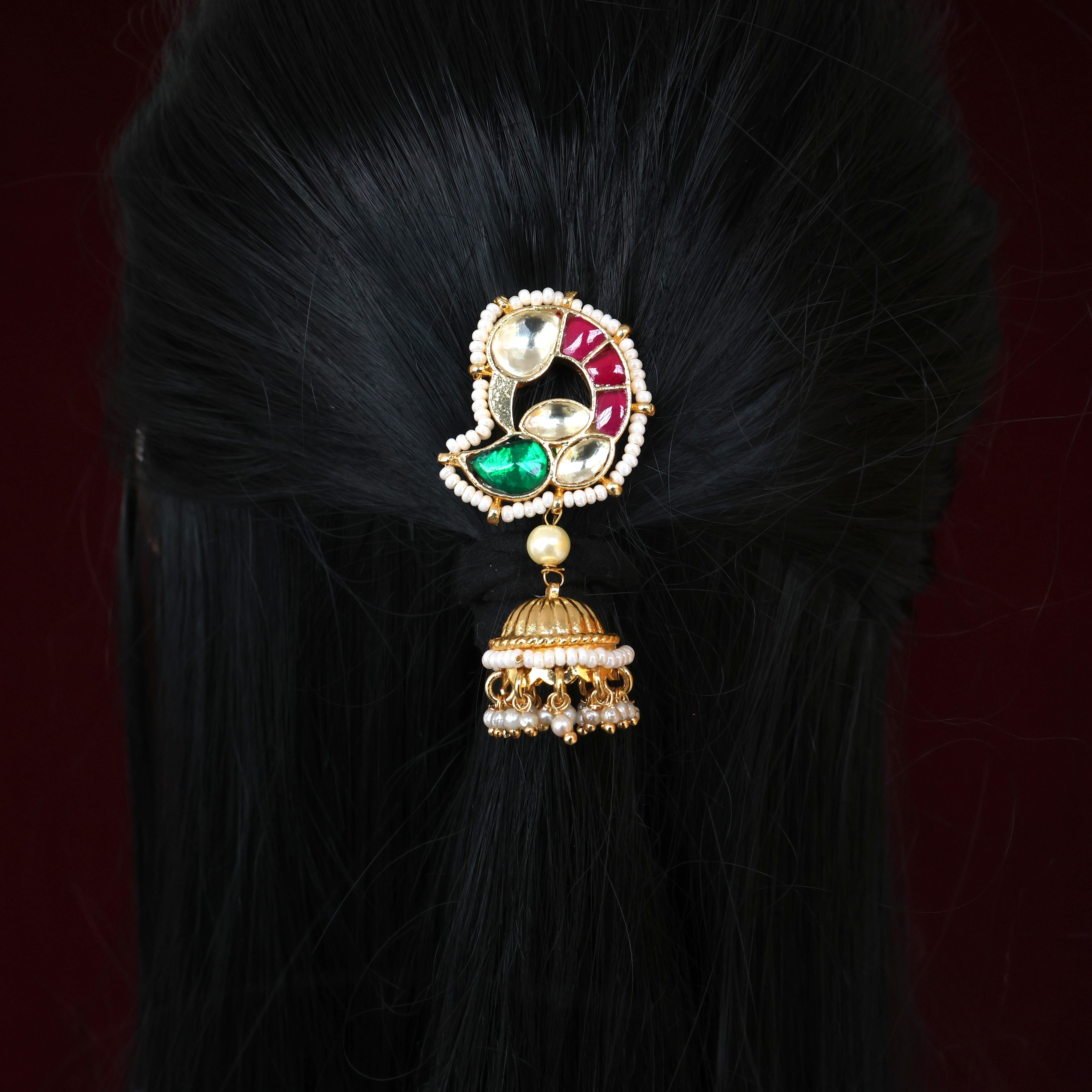 Handmade Pachi Kundan Single Piece Bridal Hair Choti - Jhumka Mor