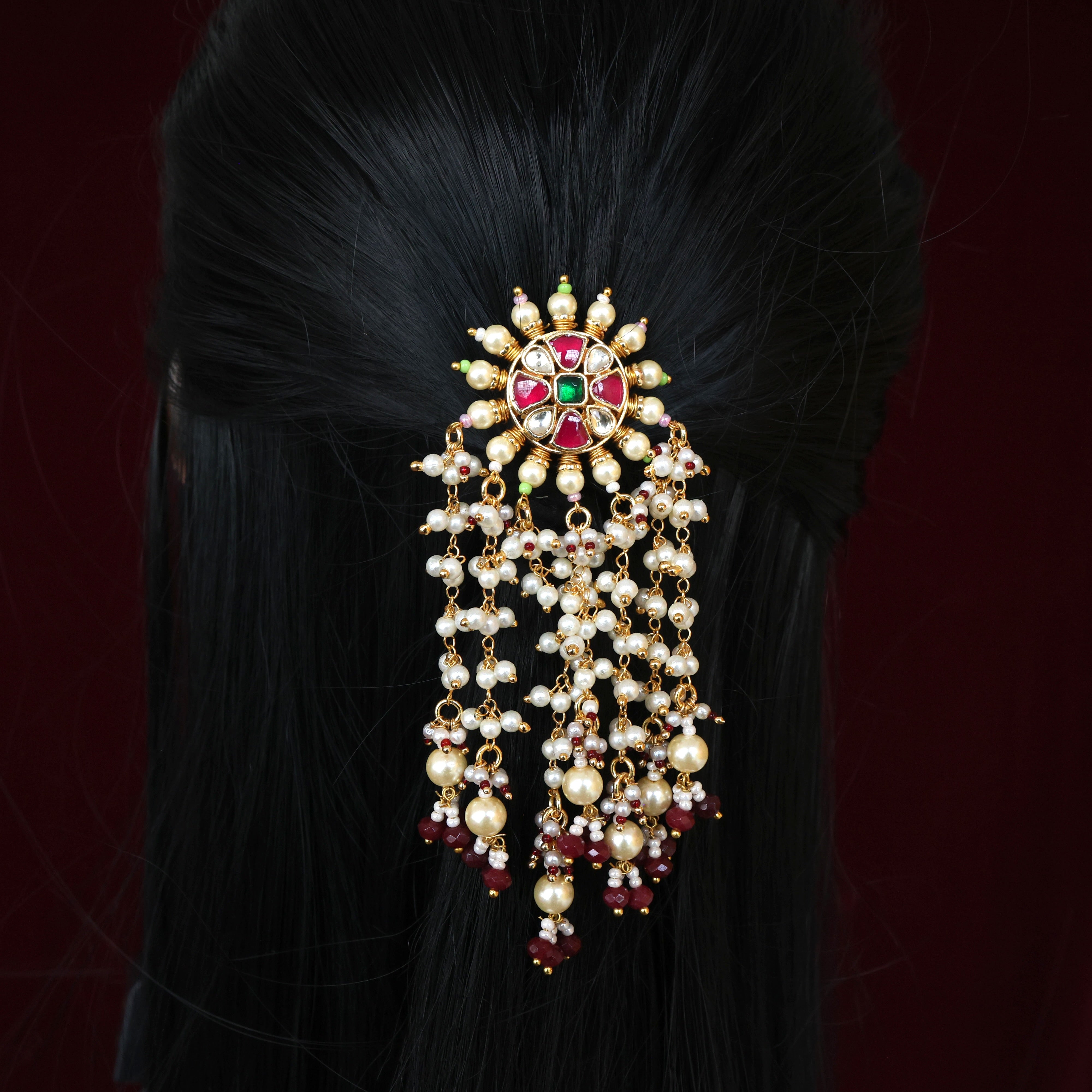 Handmade Pachi Kundan Single Piece Bridal Hair Choti - Chakri Flower Pearl Hangings (Red, White & Green)