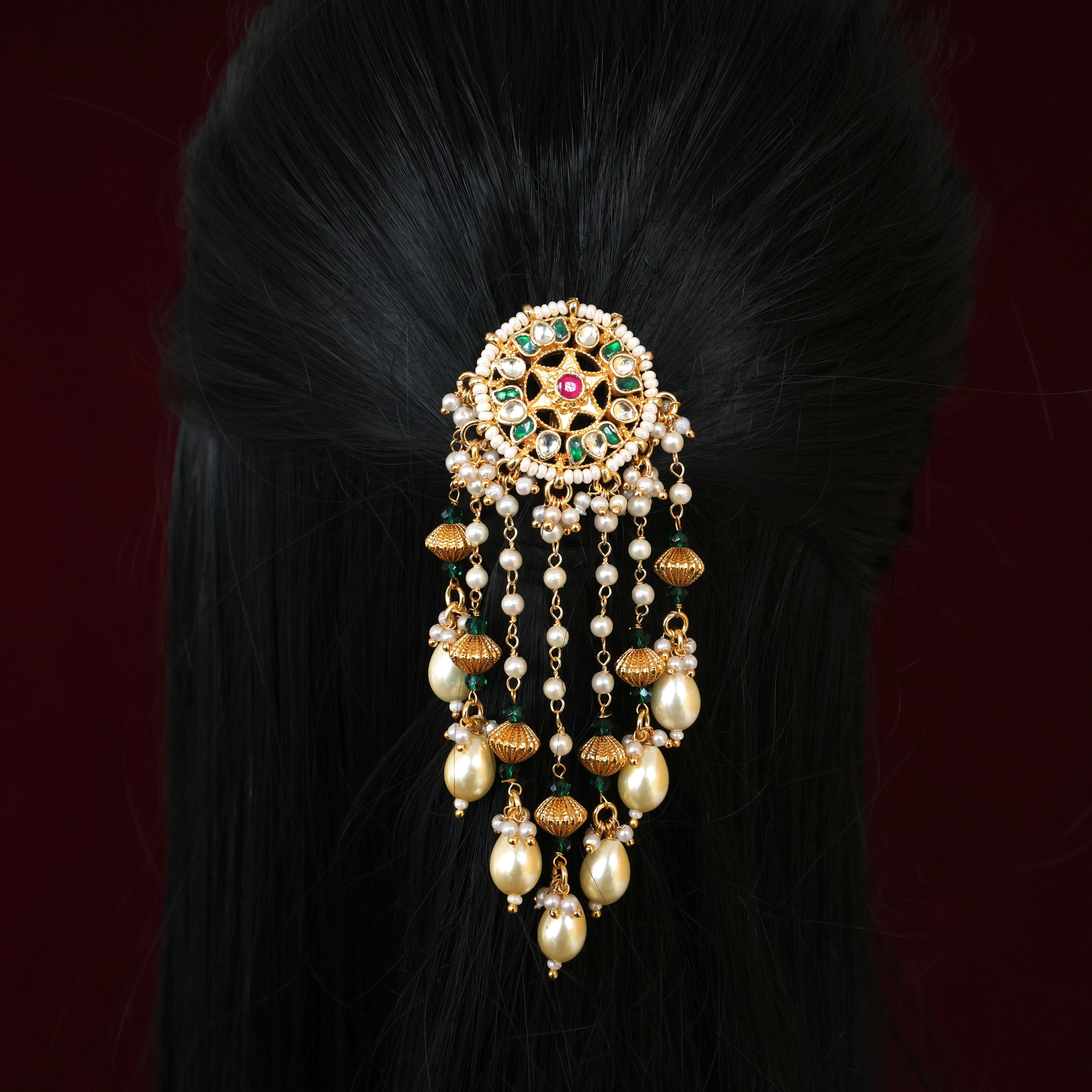 Handmade Pachi Kundan Single Piece Bridal Hair Choti - Star Lotus Lantern Pearl Hangings (Green & White)