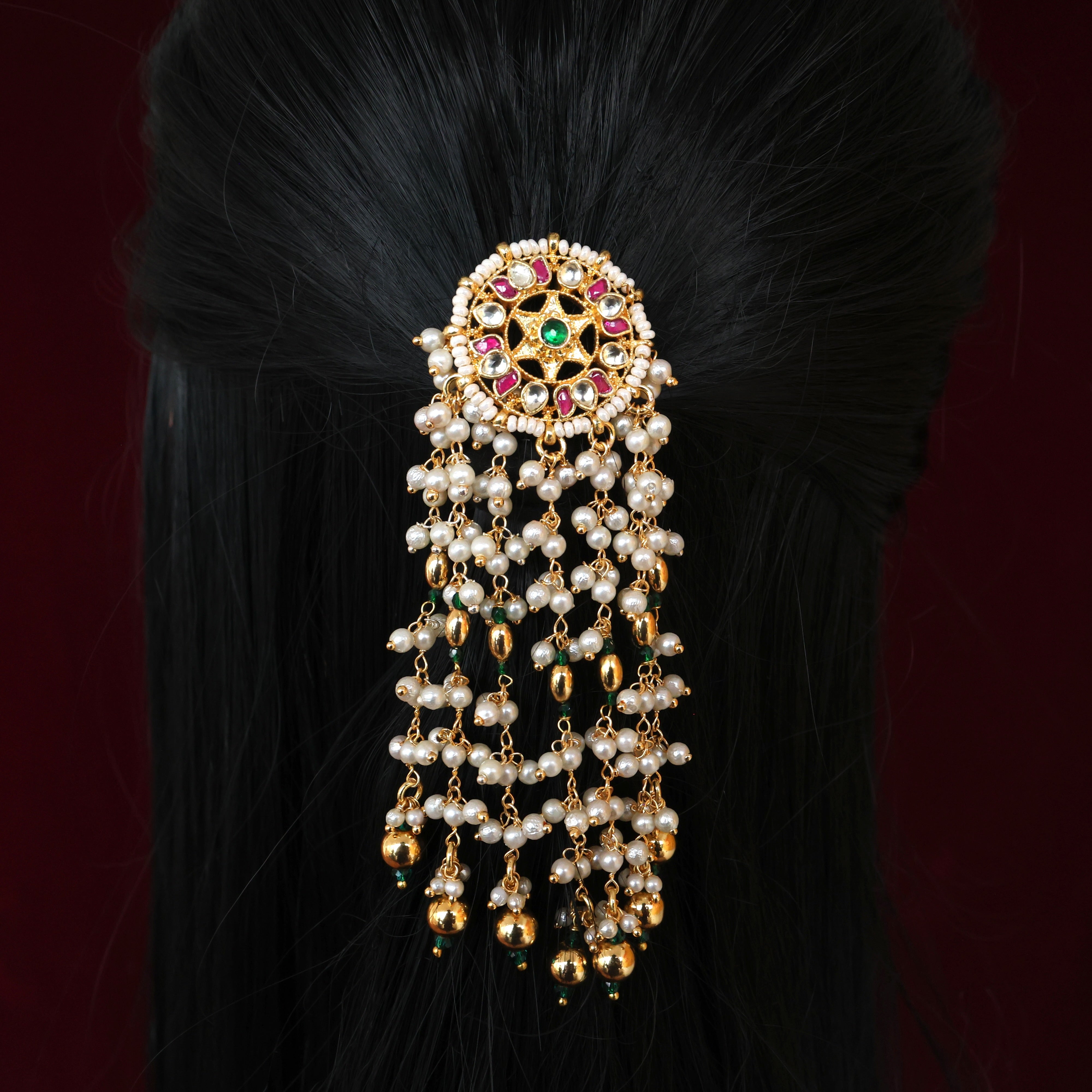 Handmade Pachi Kundan Single Piece Bridal Hair Choti - Star Lotus White Gold Pearl Rain (Ruby & White)