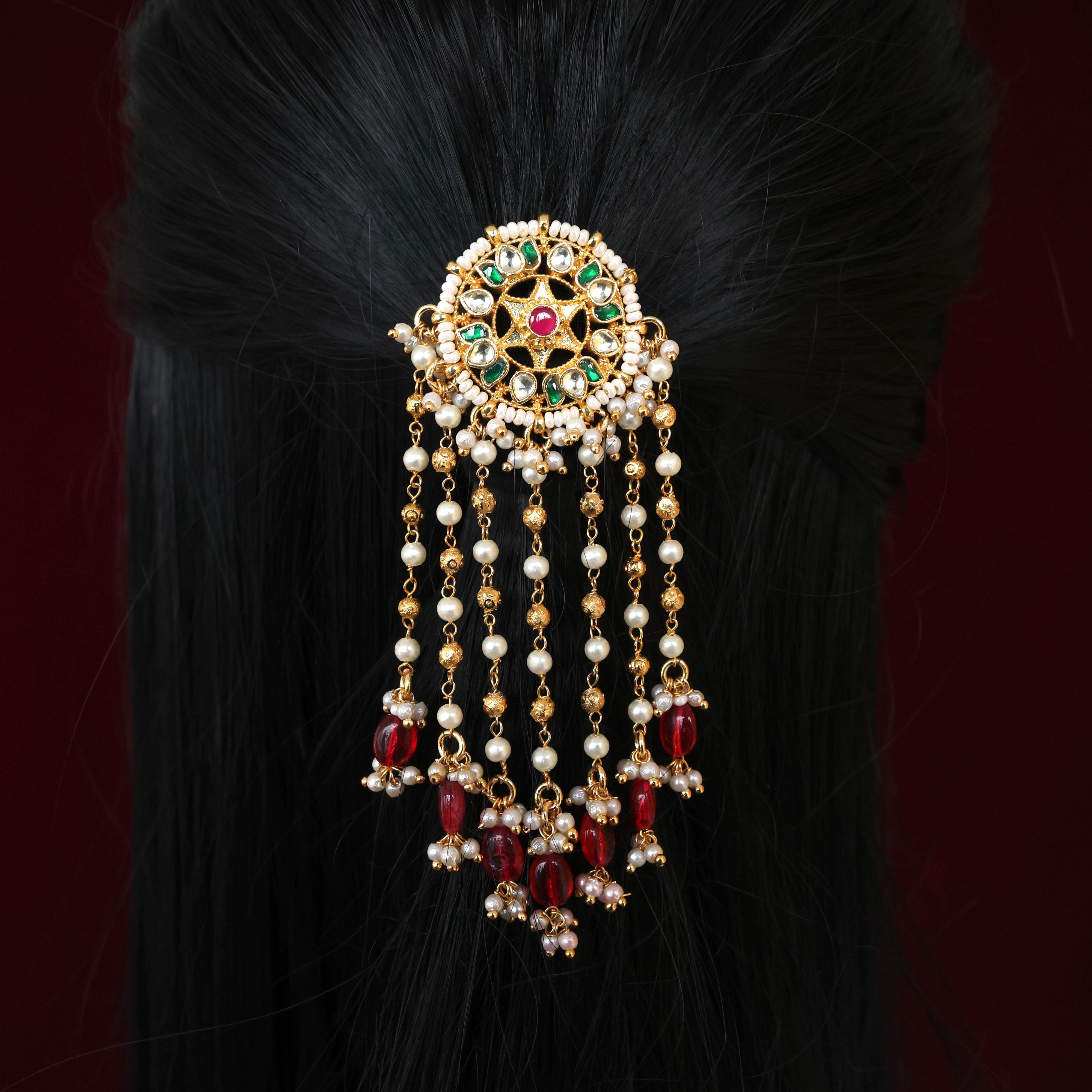 Handmade Pachi Kundan Single Piece Bridal Hair Choti - Star Lotus Whit Gold Pearl Hangings (Green & White)