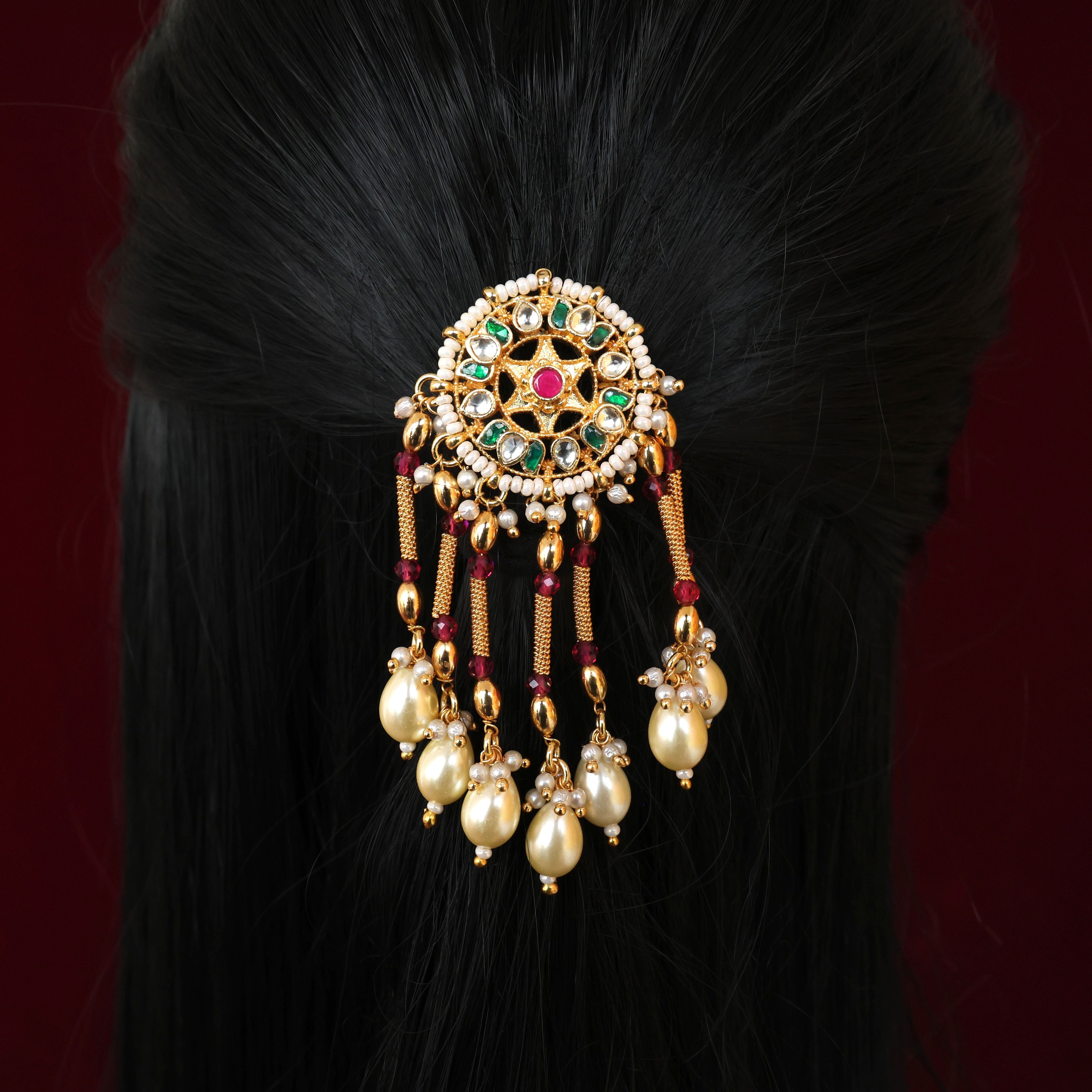 Handmade Pachi Kundan Single Piece Bridal Hair Choti - Star Lotus Pearl Bar Hangings (Green & White)