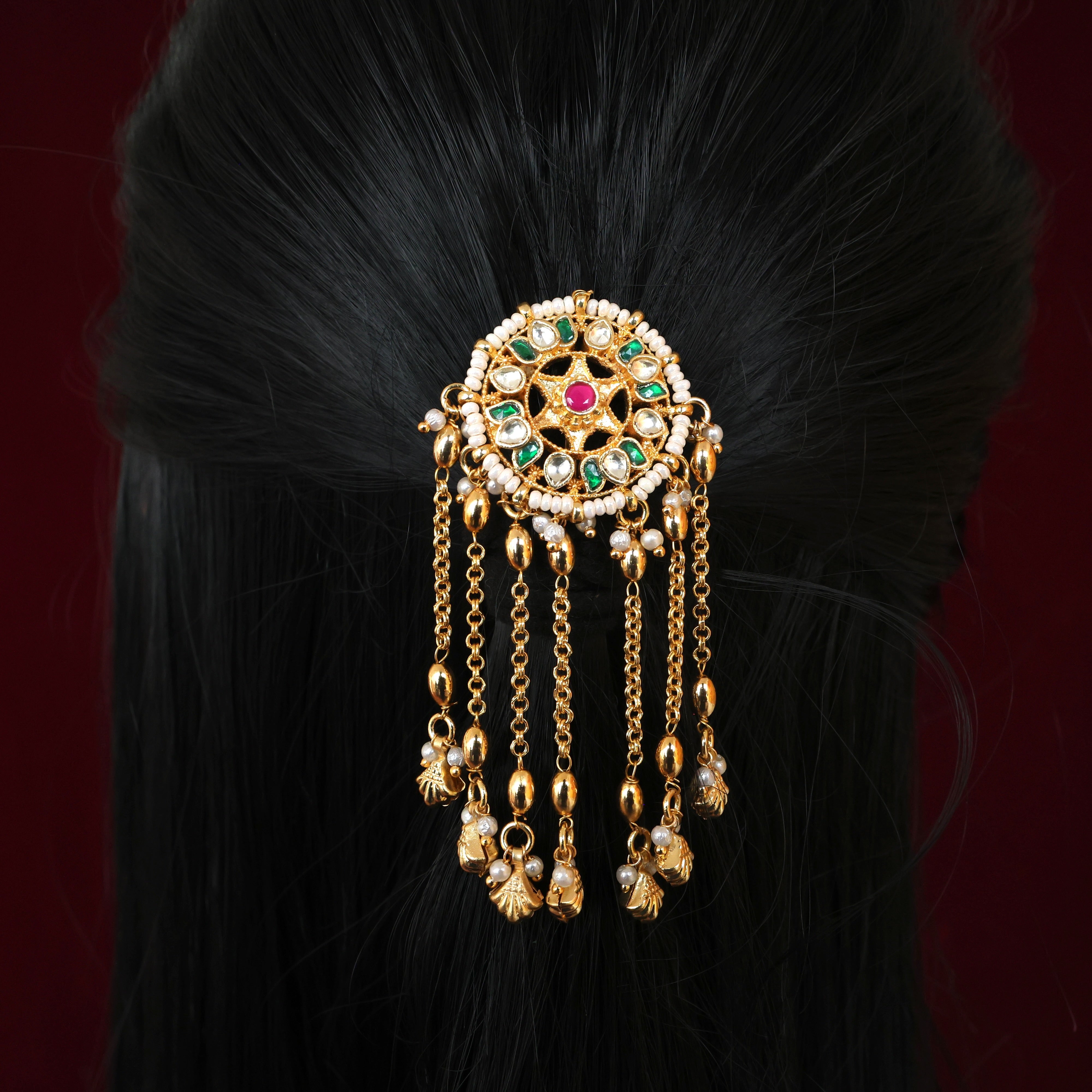 Handmade Pachi Kundan Single Piece Bridal Hair Choti - Star LotusShell Pearl Hangings (Green & White)