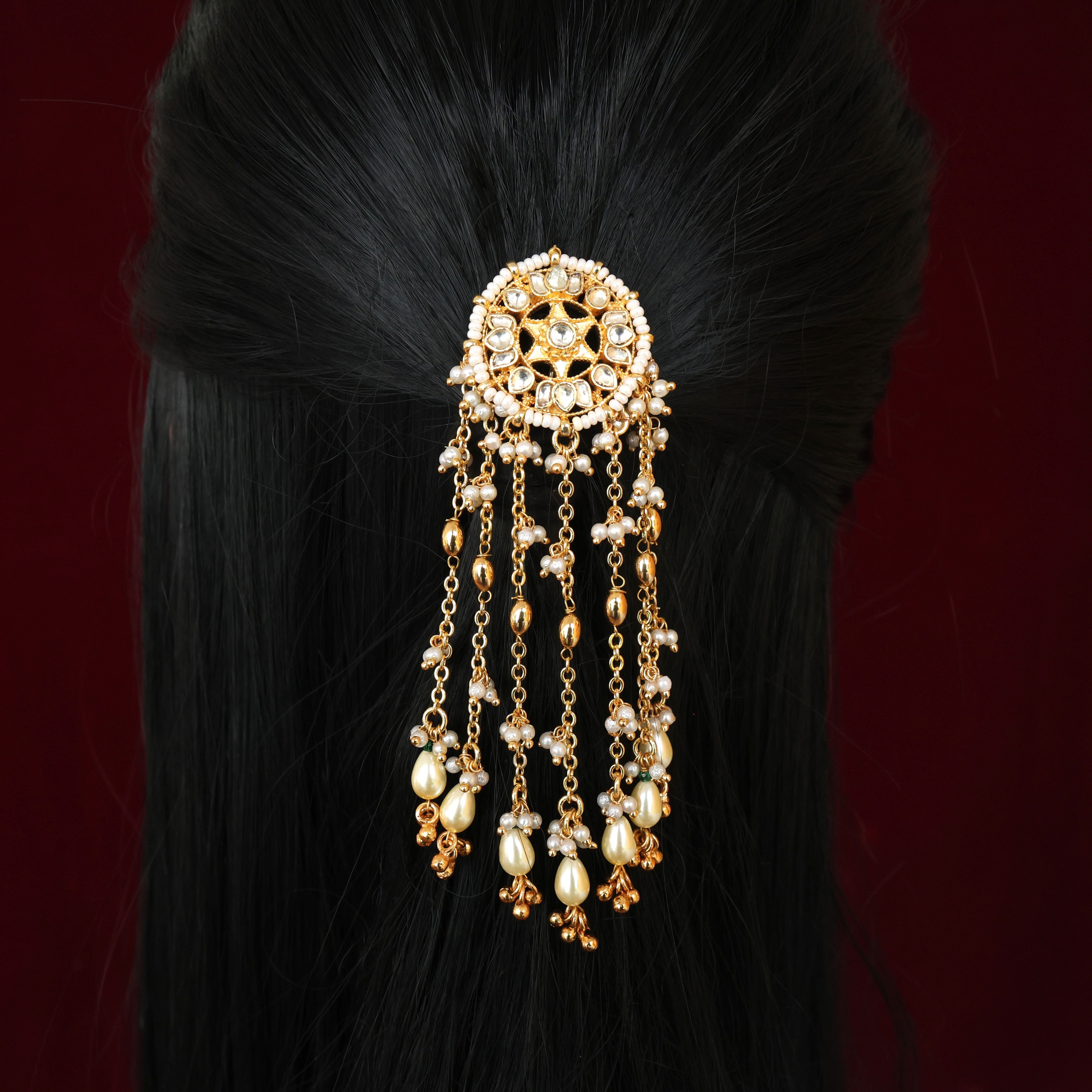 Handmade Pachi Kundan Single Piece Bridal Hair Choti - Star Lotus Pearl Rain Hangings (White)