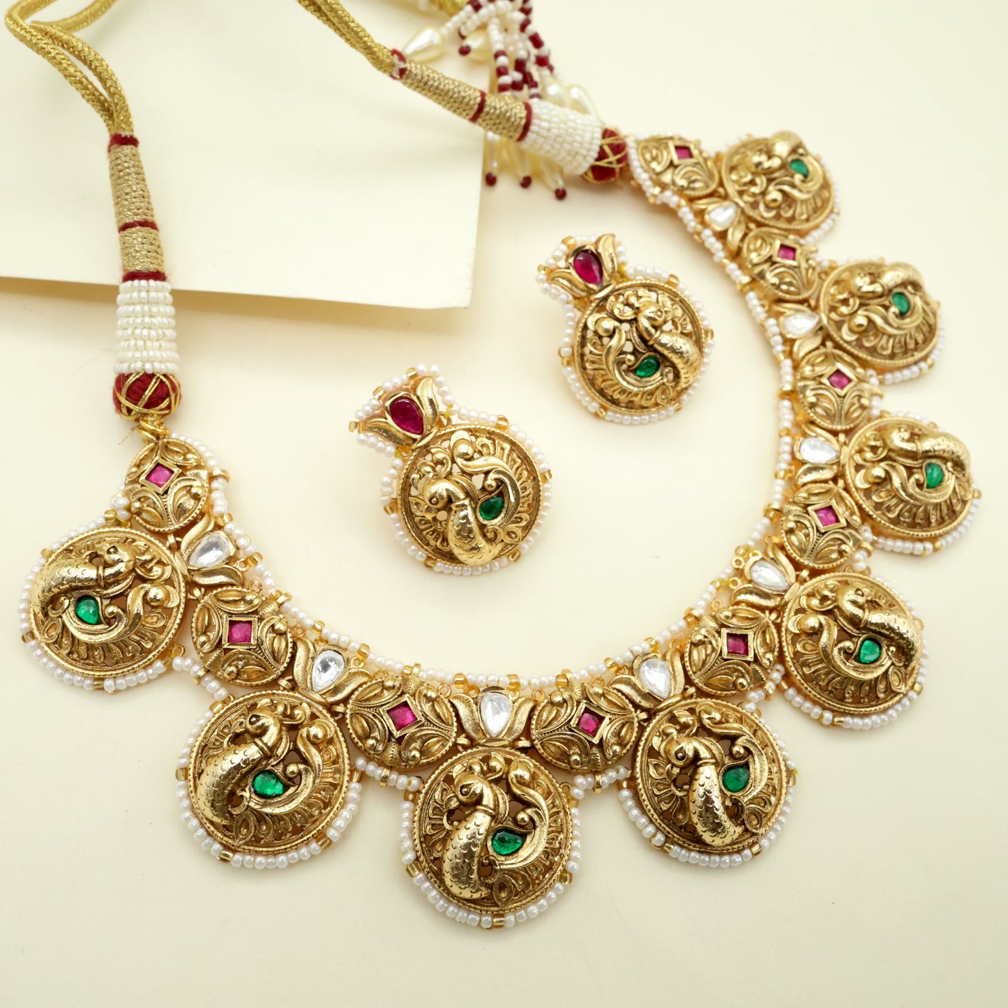 Real Gold Look Alike Antique Pearl Outline Annapakshi Kundan Bridal Necklace Set