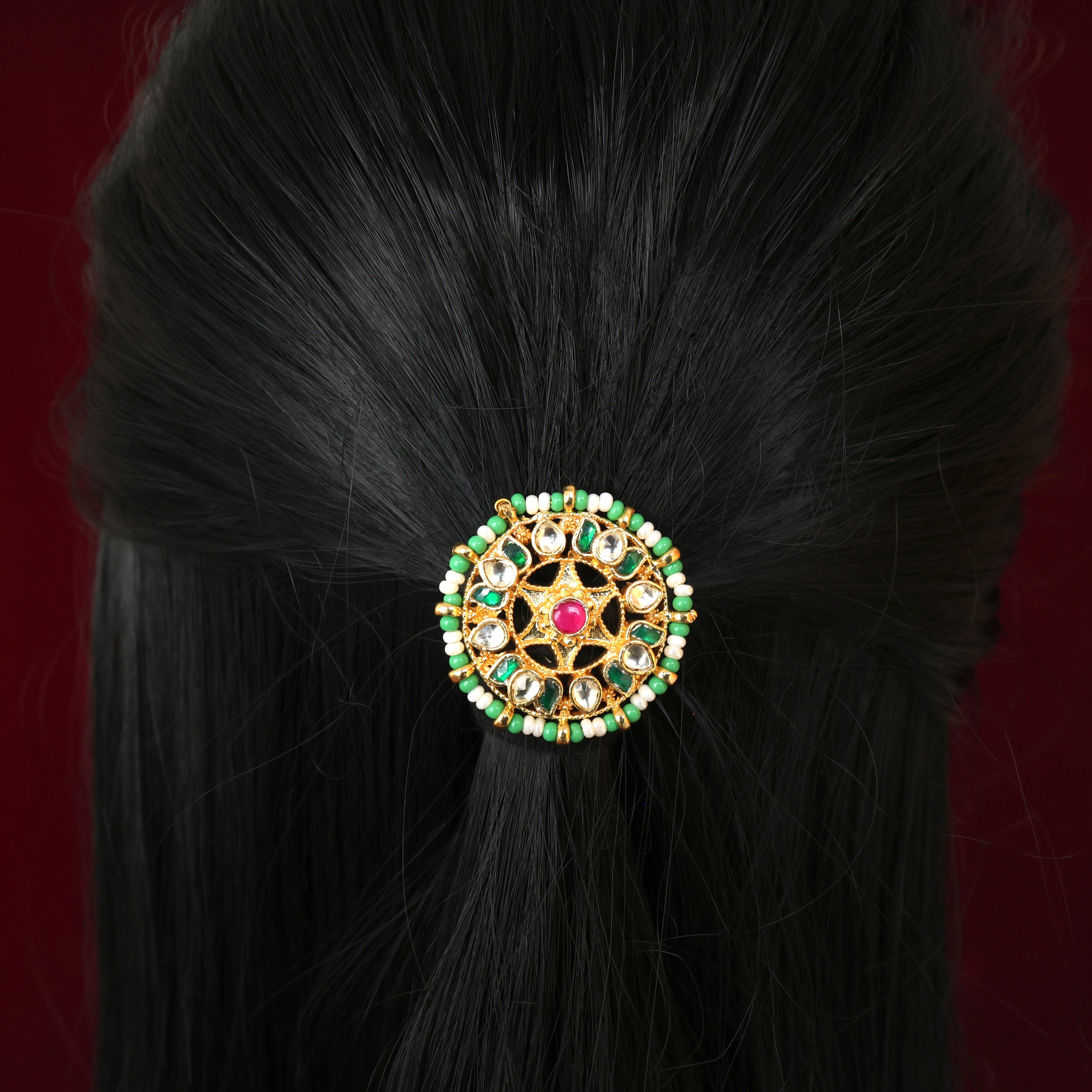 Handmade Pachi Kundan Single Piece Bridal Hair Choti - Star Lotus (Green & White)