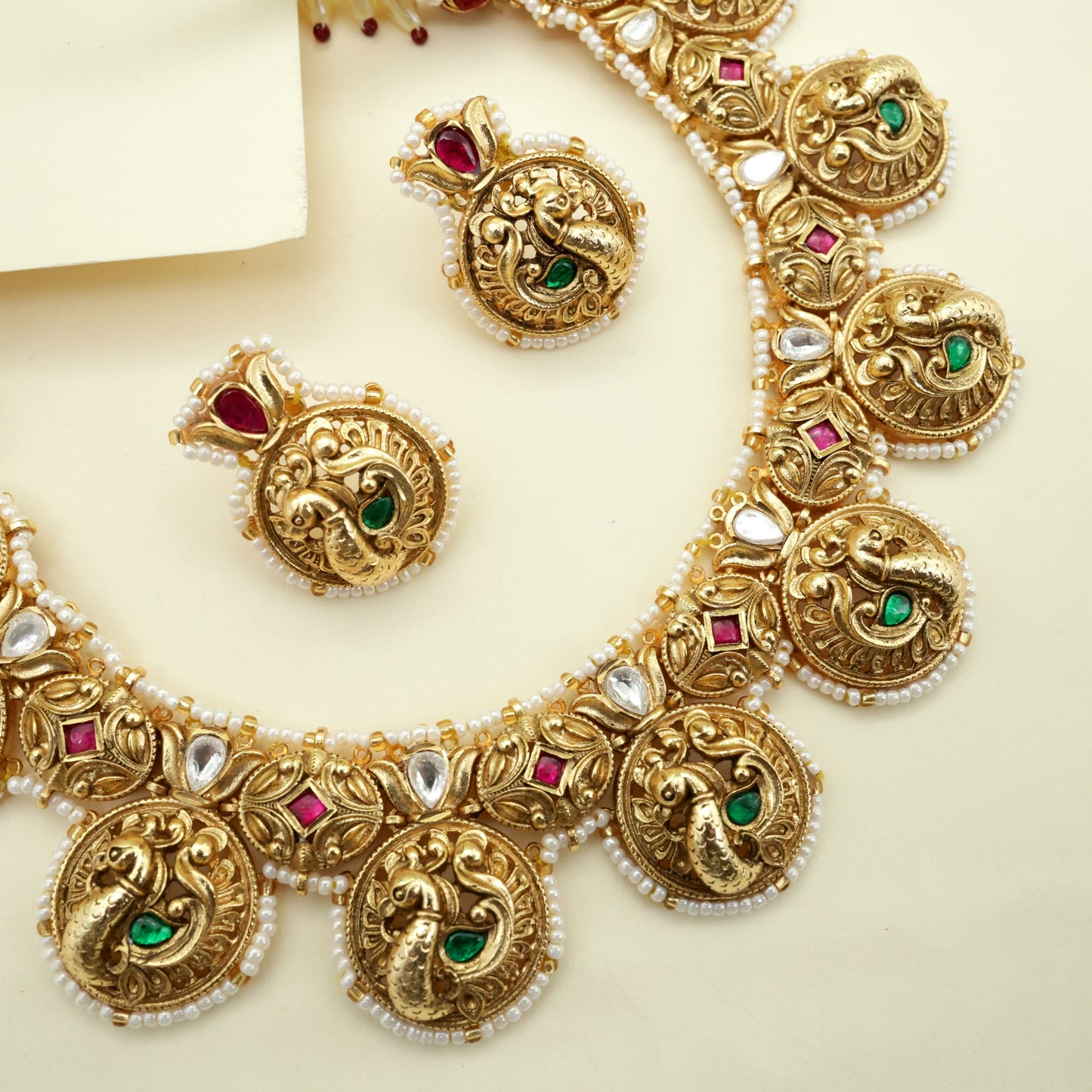 Real Gold Look Alike Antique Pearl Outline Annapakshi Kundan Bridal Necklace Set