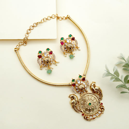 Royal Gold Look Alike Contemporary Rettapakshi Tiger Face Kundan Hasli Set