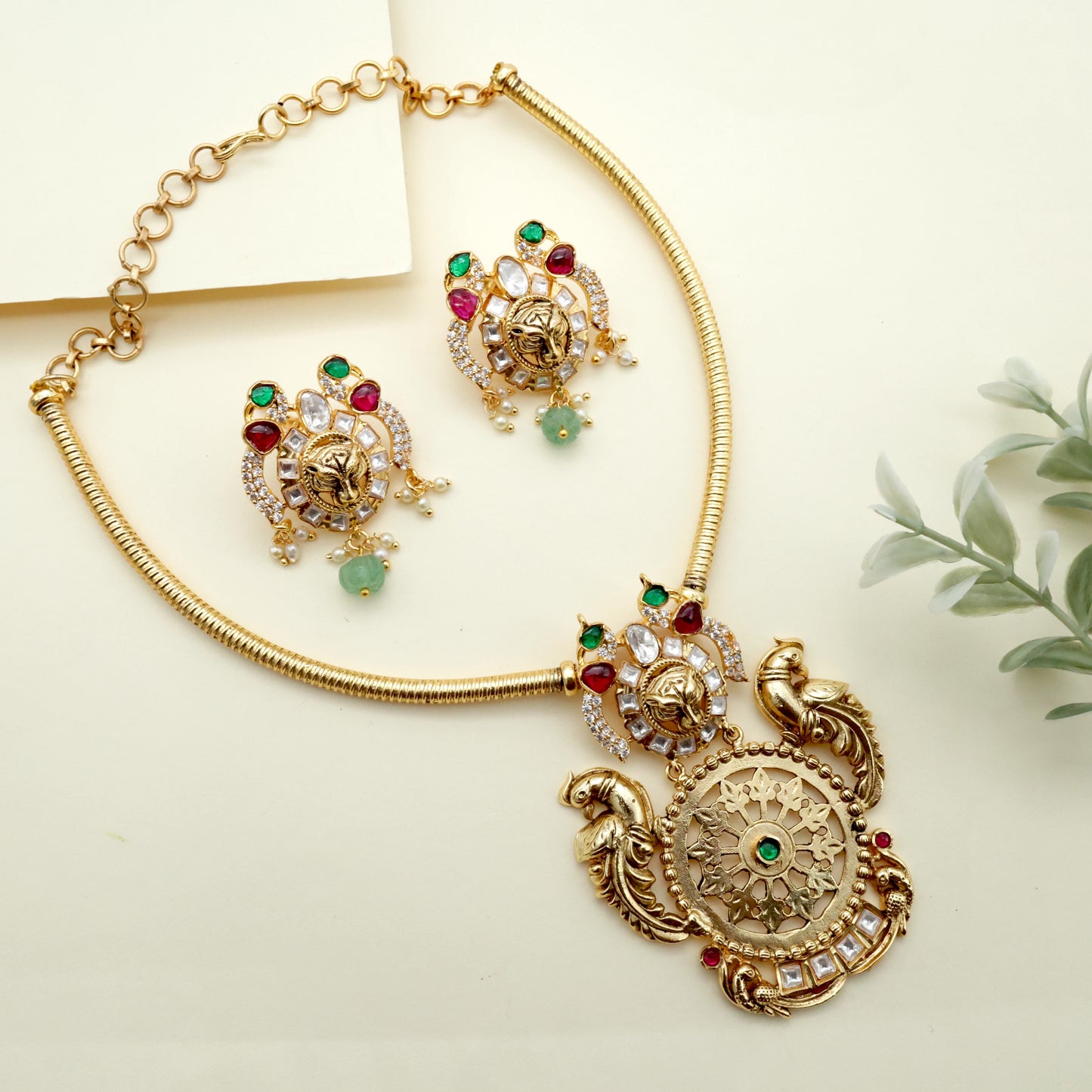 Royal Gold Look Alike Contemporary Rettapakshi Tiger Face Kundan Hasli Set