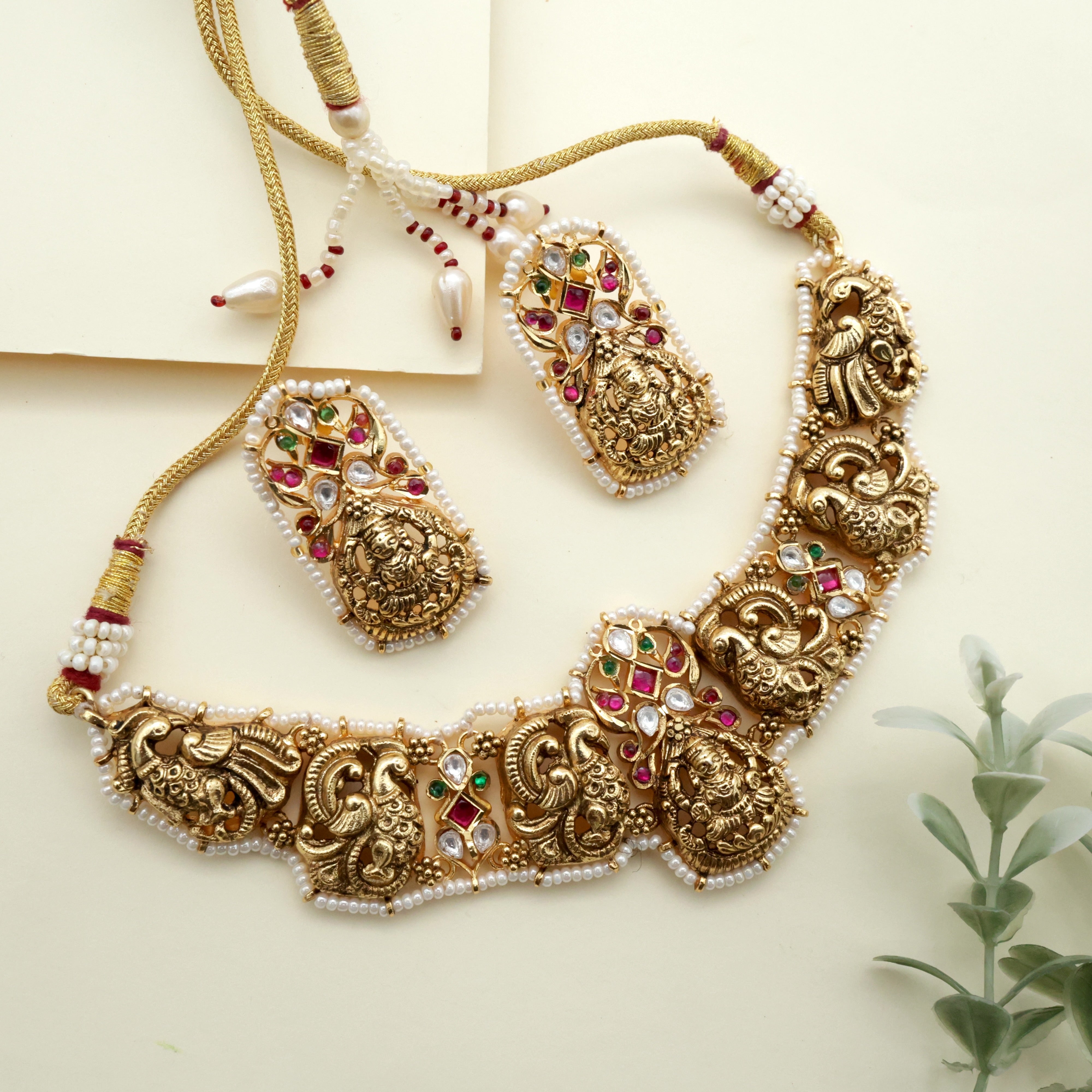 Real Gold Look Alike Antique Pearl Outline Annam Lakshmi Kundan Bridal Necklace Set