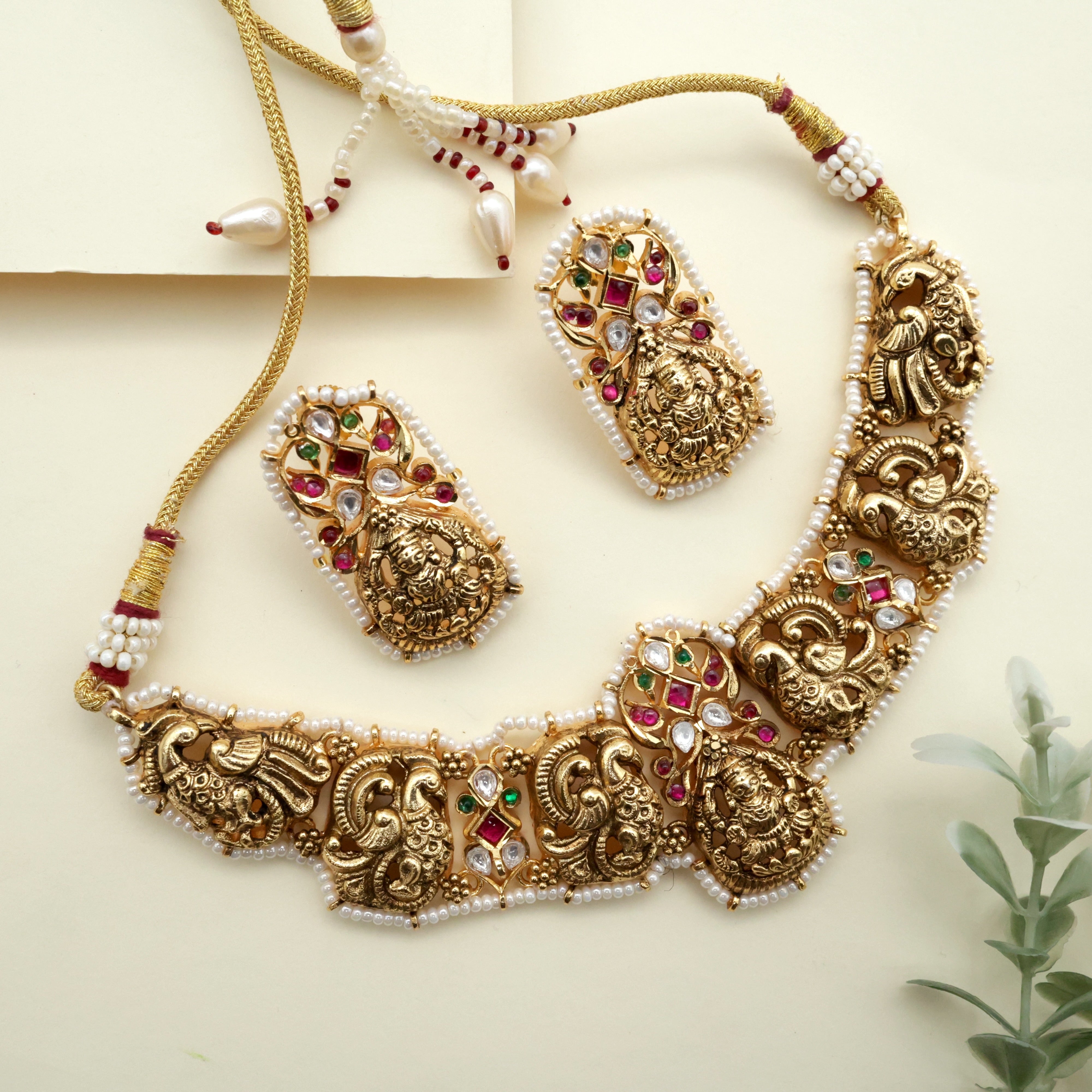 Real Gold Look Alike Antique Pearl Outline Annam Lakshmi Kundan Bridal Necklace Set