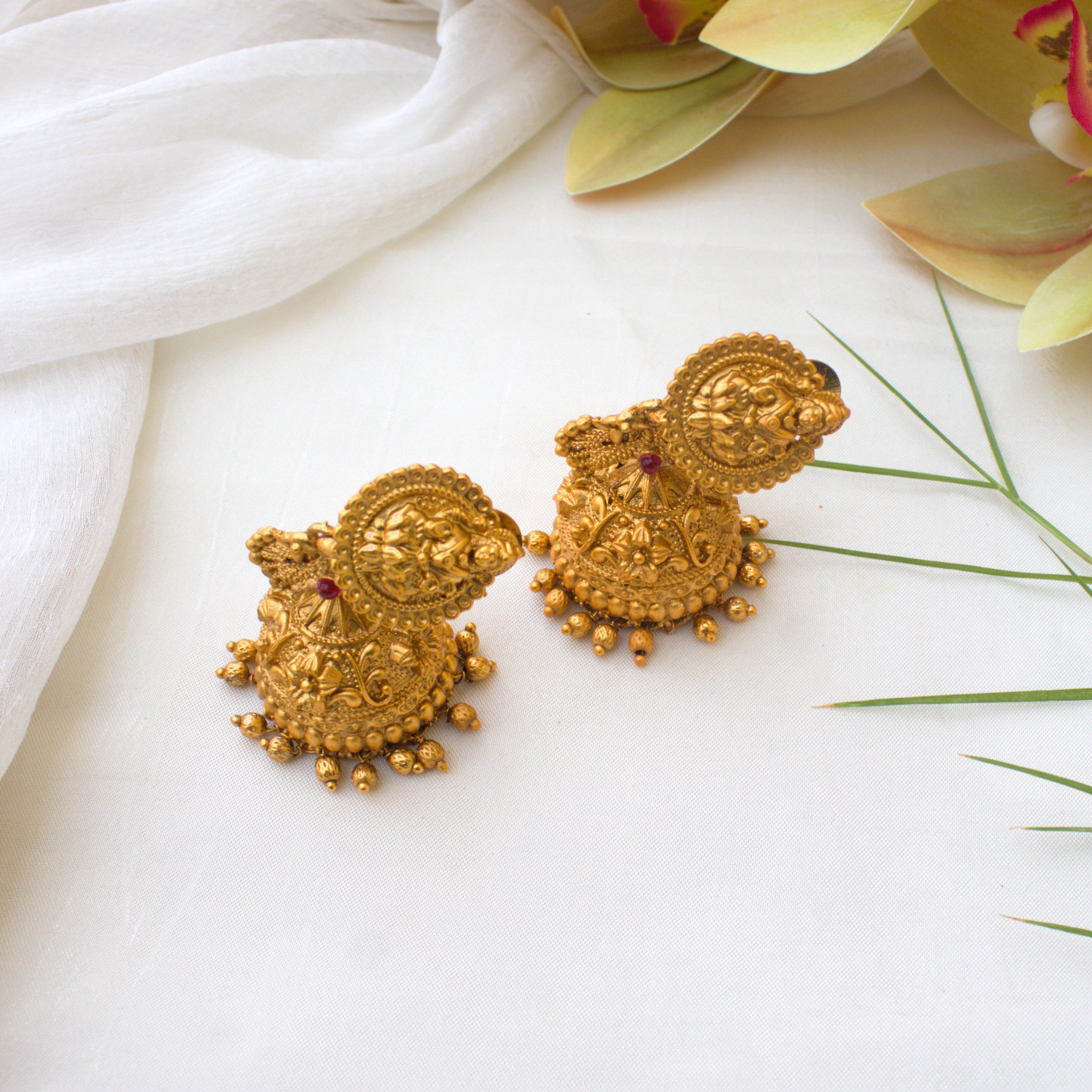 Budget Friendly Gold Matte Bridal Lakshmi Jhumkas with Gold Balls