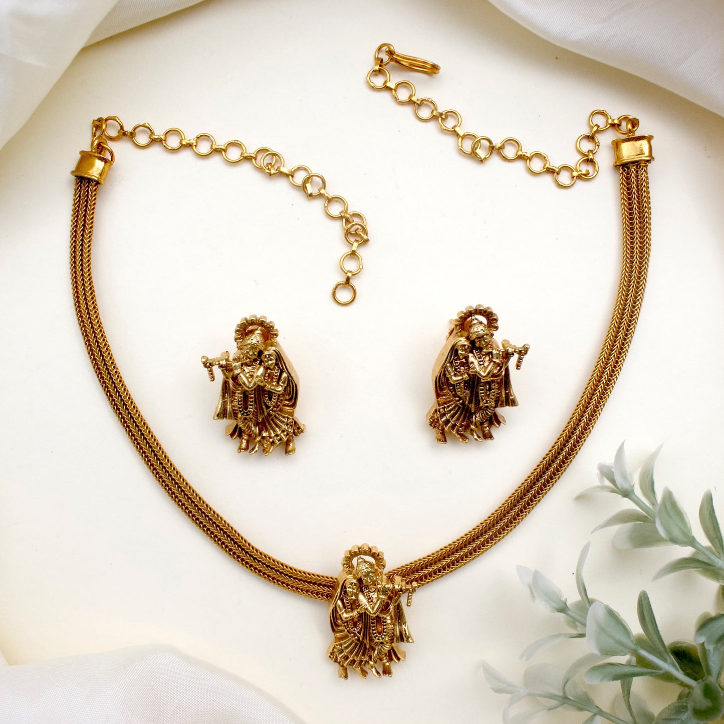 Antique Gold Radhe Krishna Lightweight Necklace Set