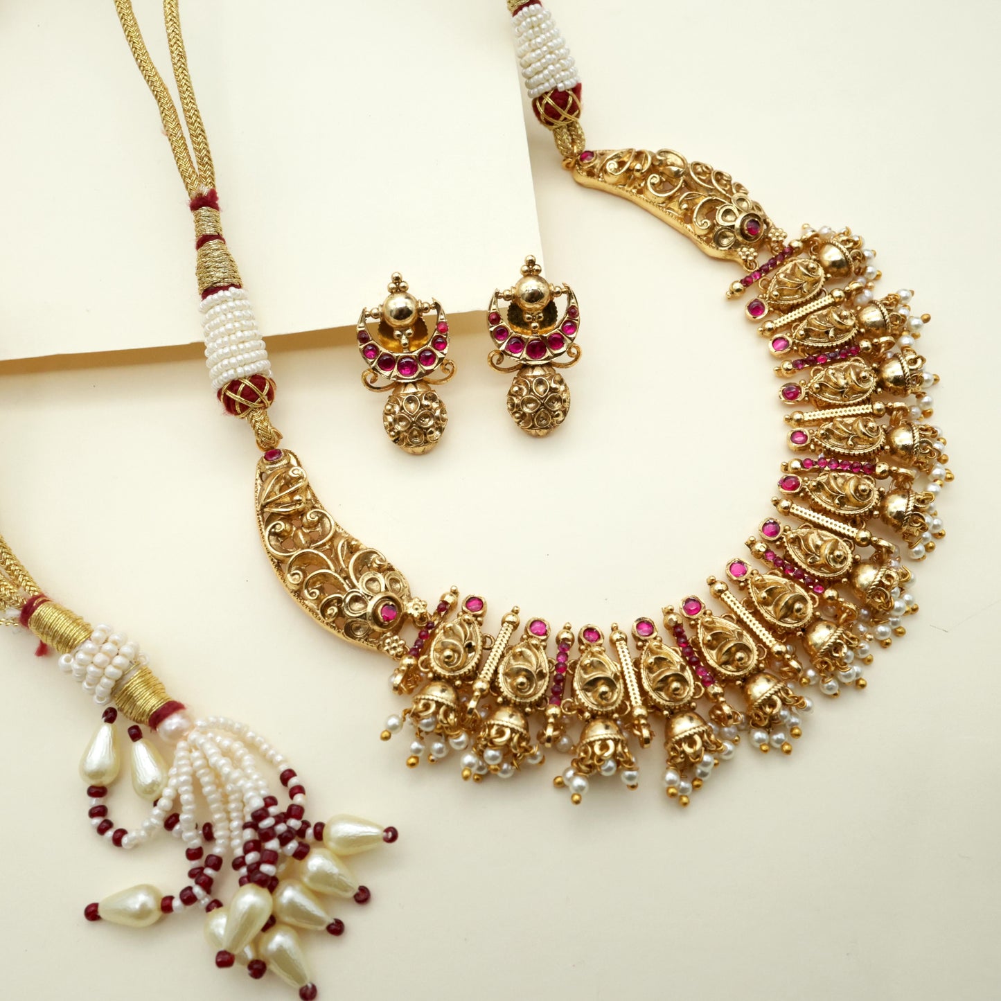 Real Gold Look Alike Antique Nagas Kemp Small Jhumka Necklace Set