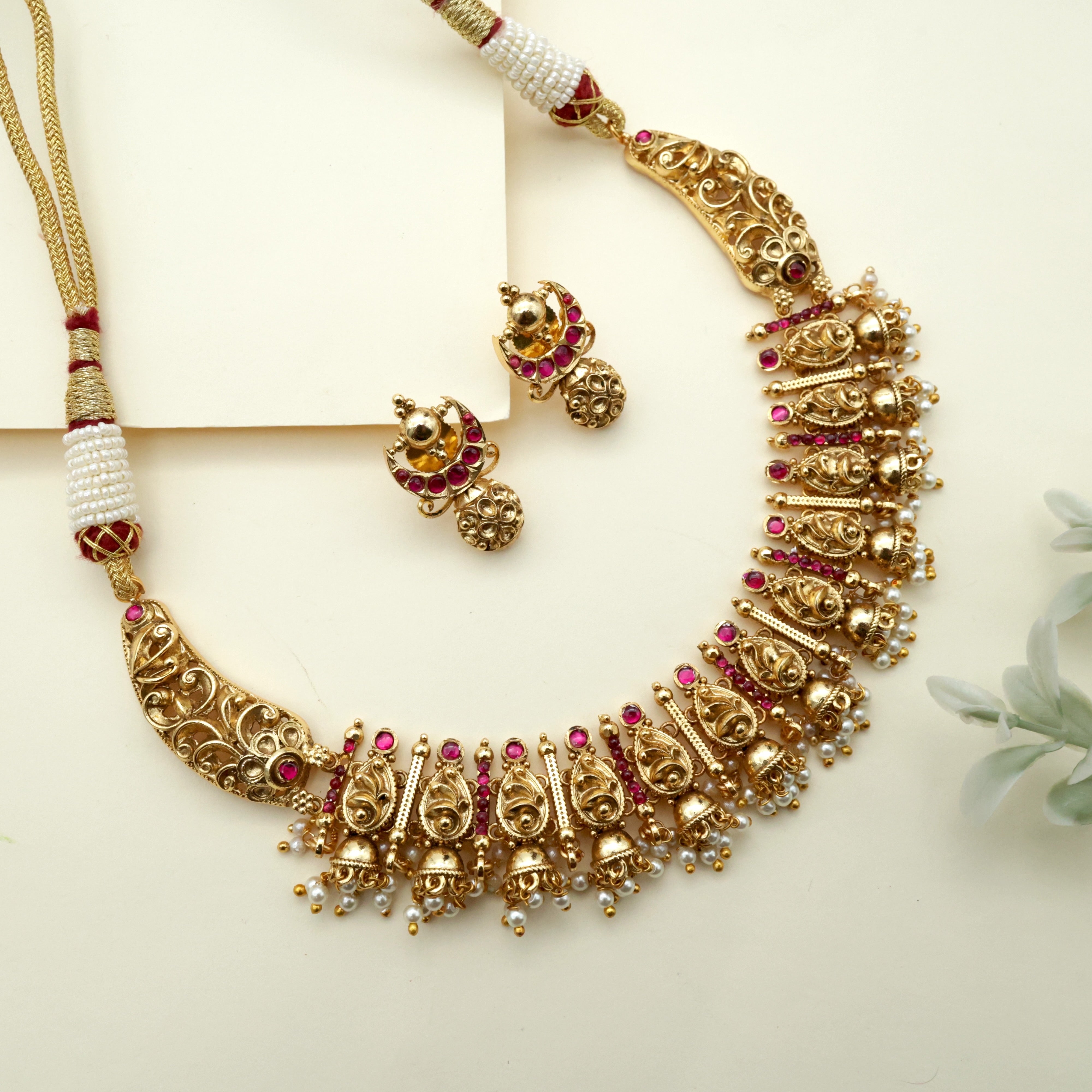 Real Gold Look Alike Antique Nagas Kemp Small Jhumka Necklace Set