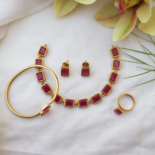 Budget Friendly Rectangle Stone Necklace Set with Adjustable Finger Ring and Bracelet - Maroon