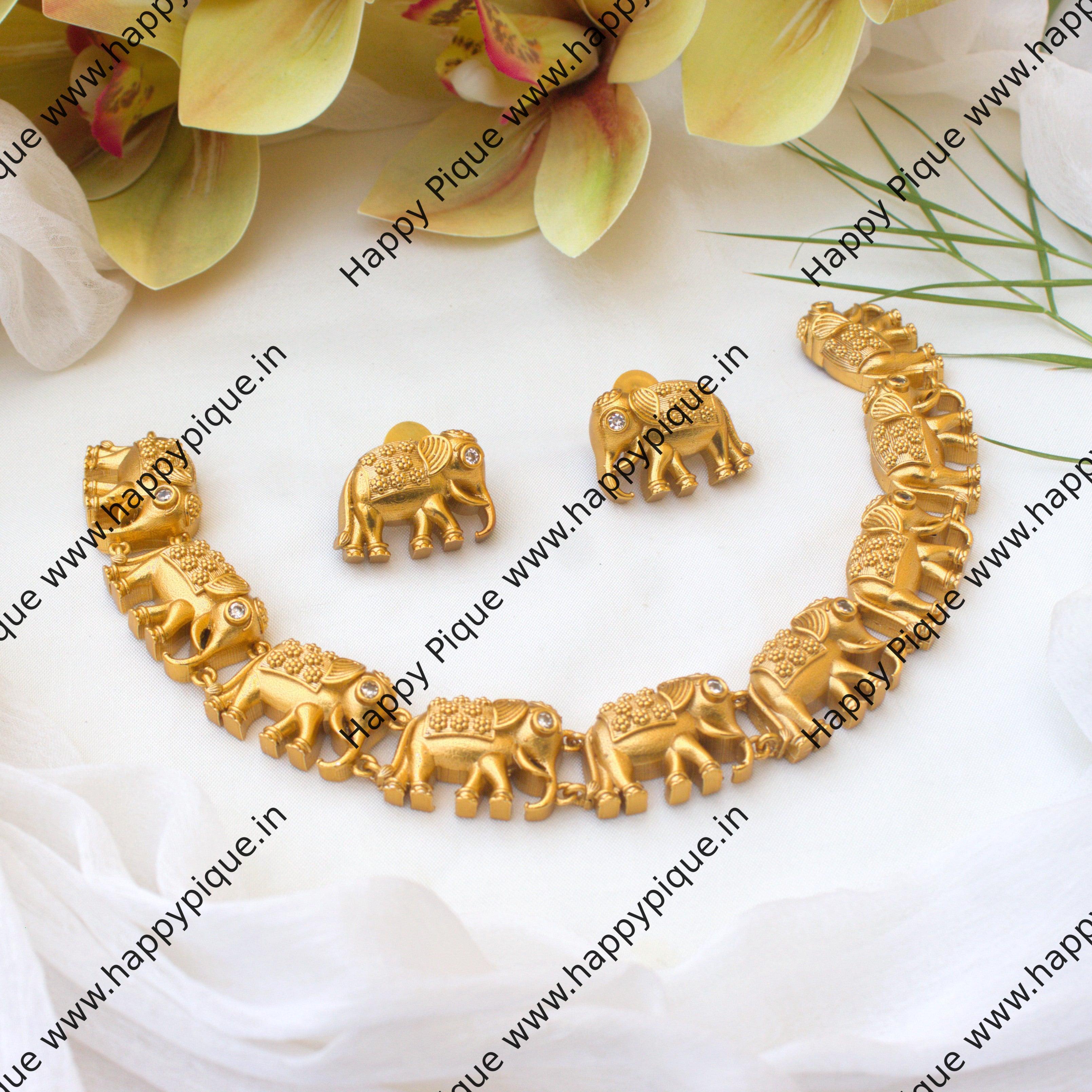 Premium Gold Look AD Stone Elephant Necklace Set - White