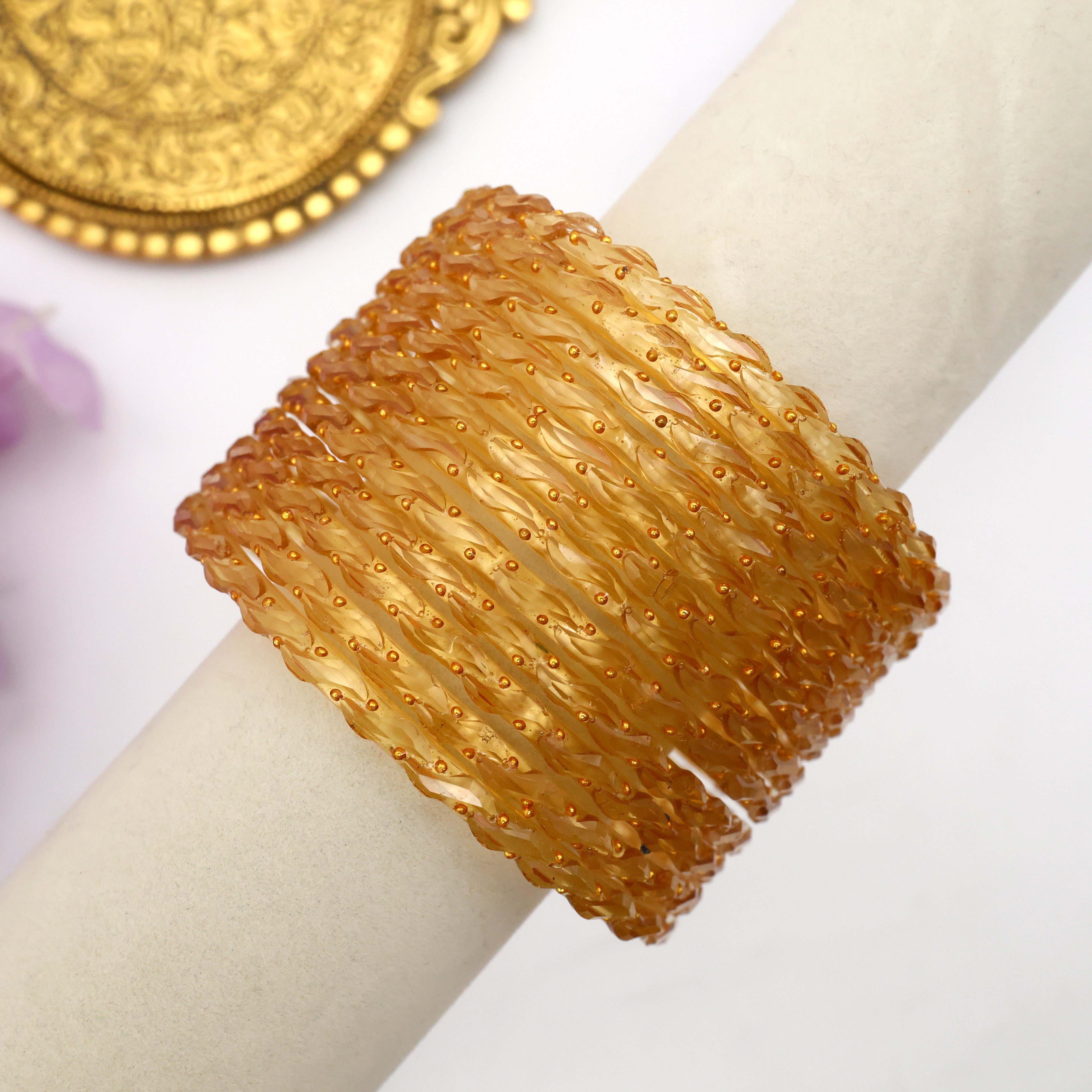 Premium Waves Gold Dots Glass Bangles - One Dozen