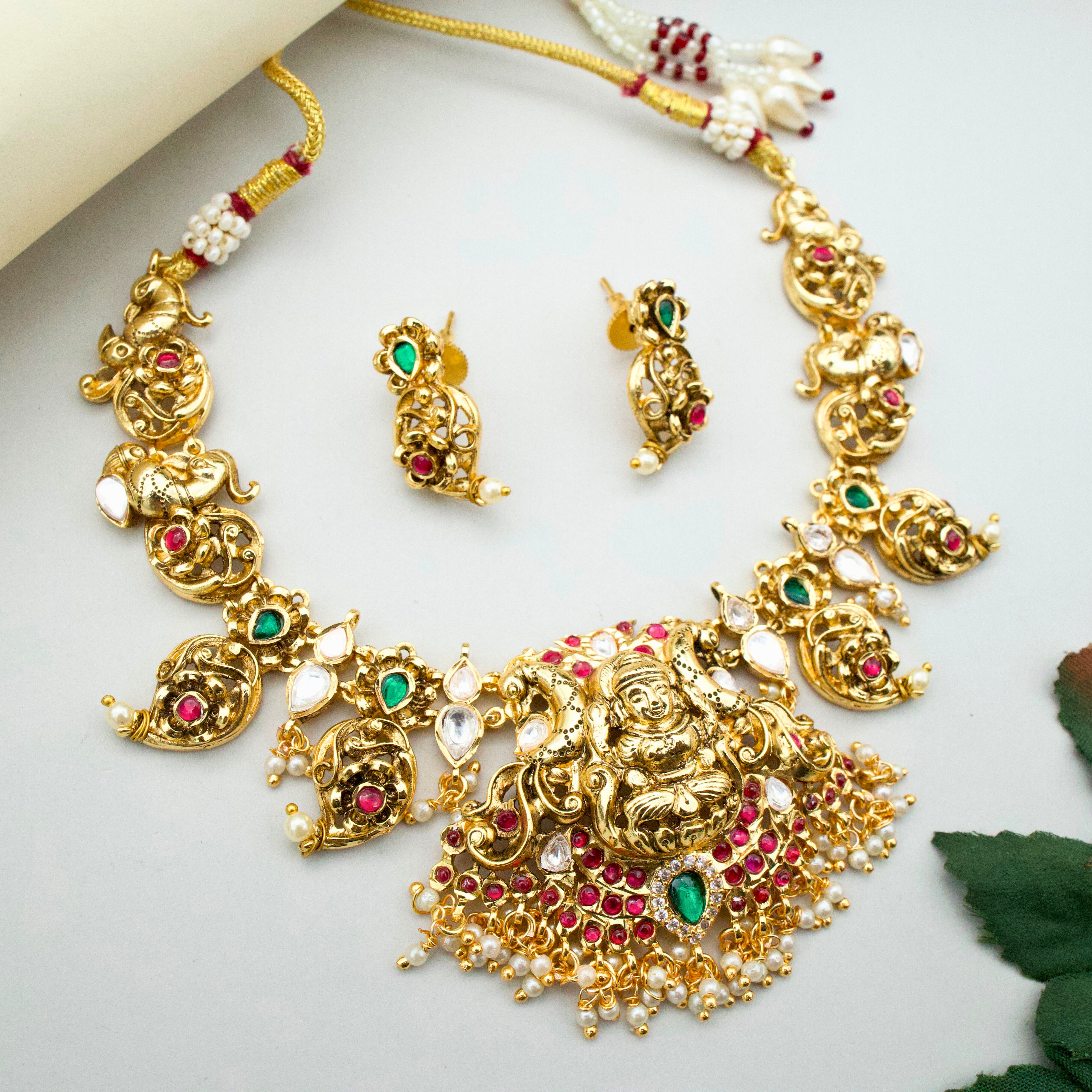 Antique Nagas Jadau Kundan Lakshmi Paisley Bridal Necklace Set