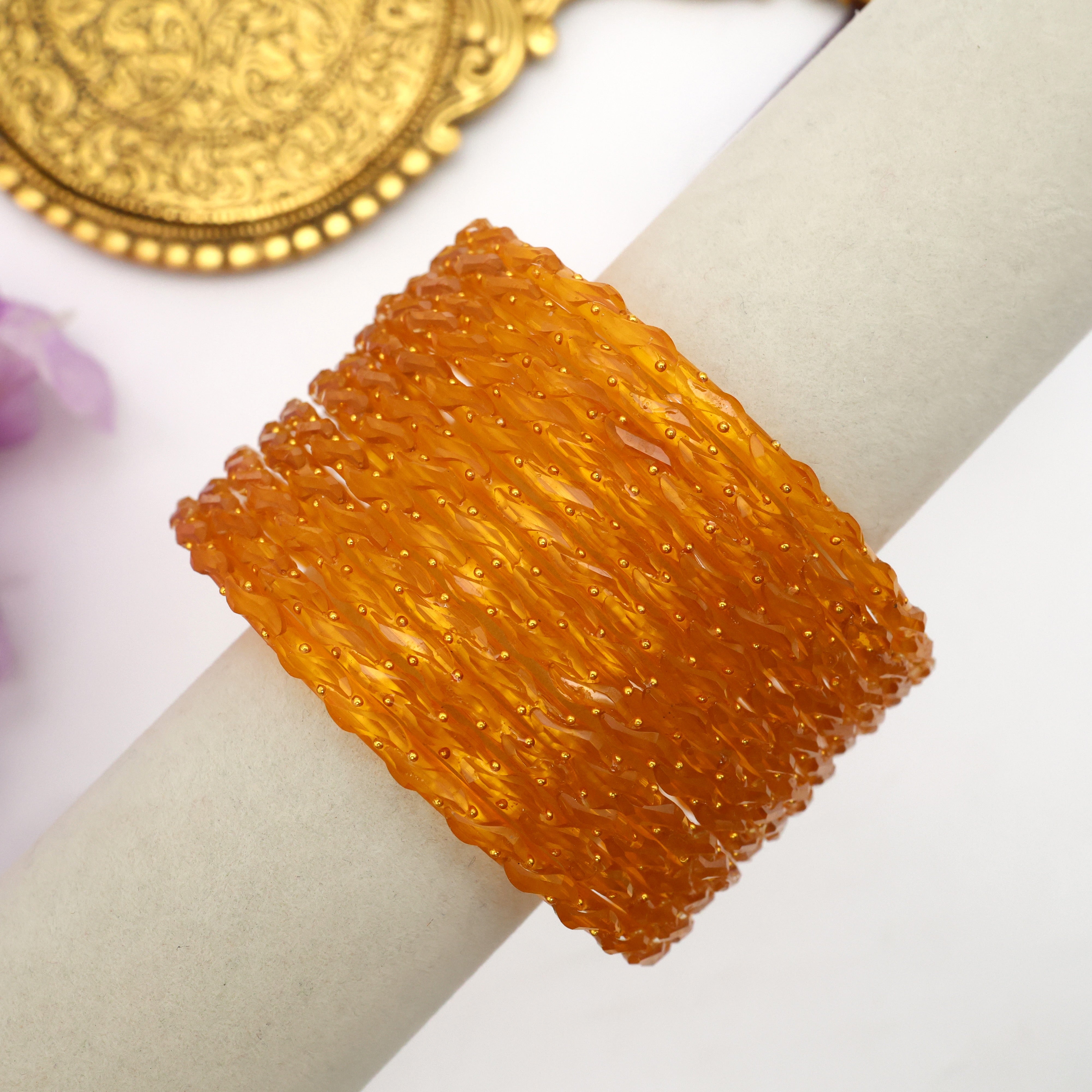 Premium Waves Gold Dots Glass Bangles - One Dozen