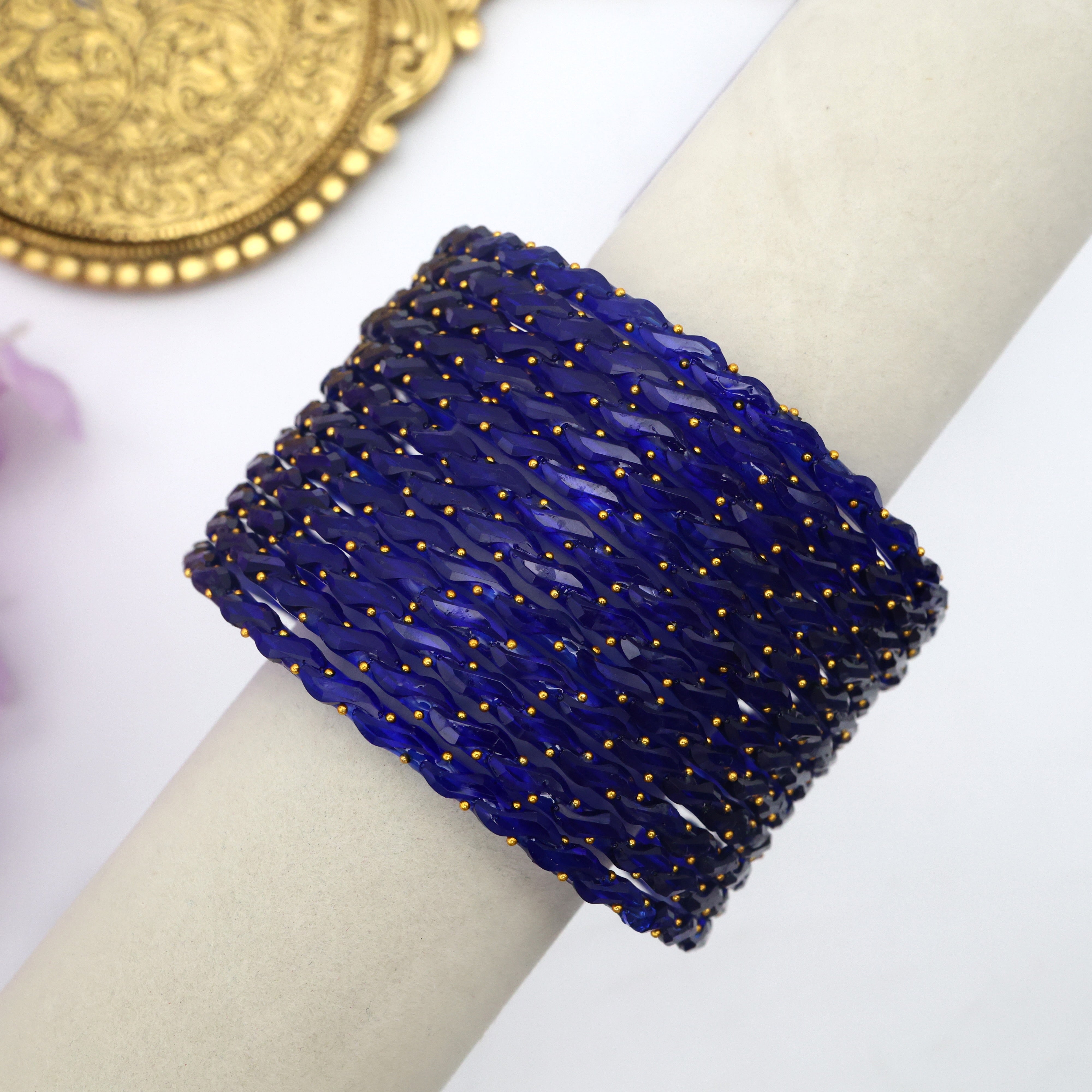 Premium Waves Gold Dots Glass Bangles - One Dozen