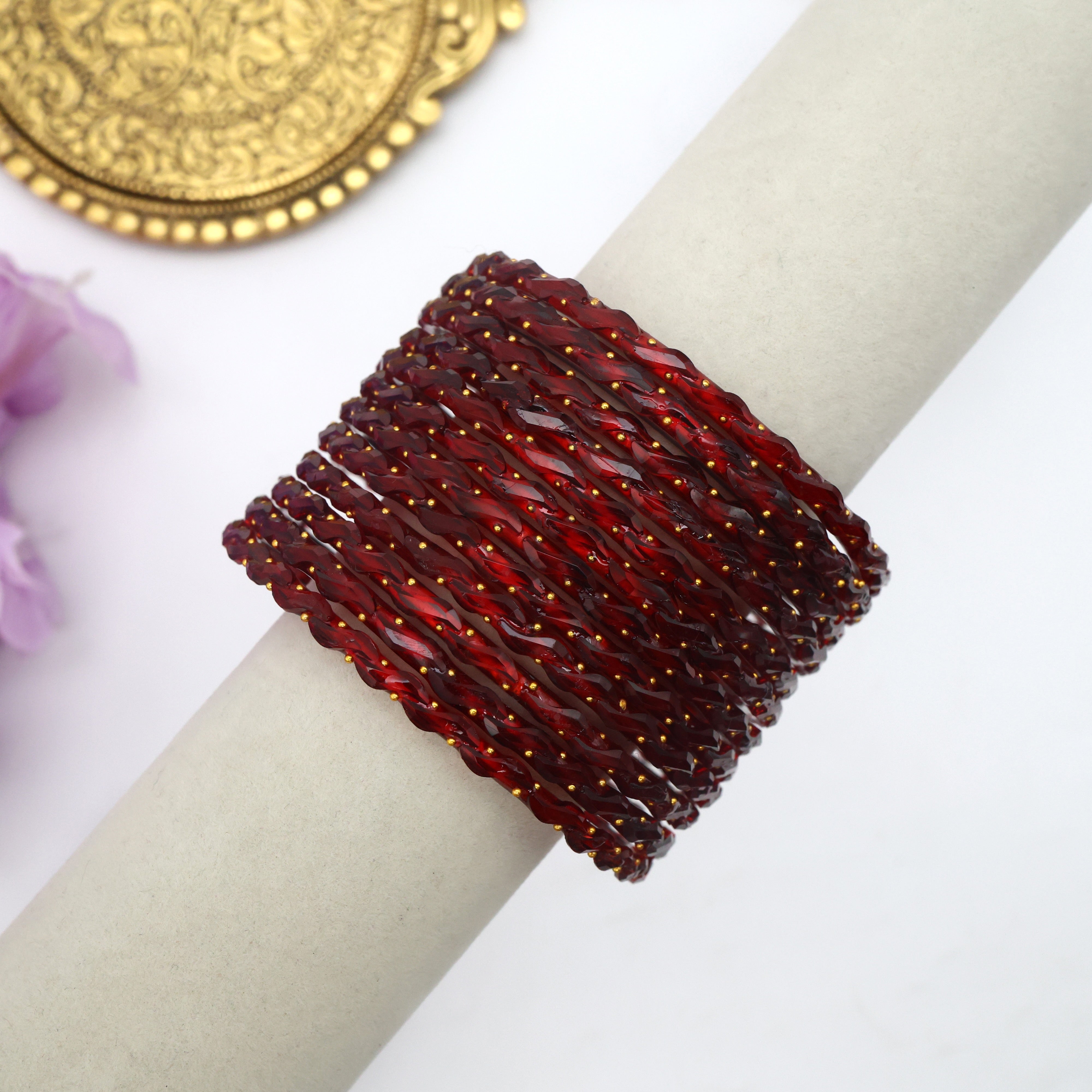 Premium Waves Gold Dots Glass Bangles - One Dozen